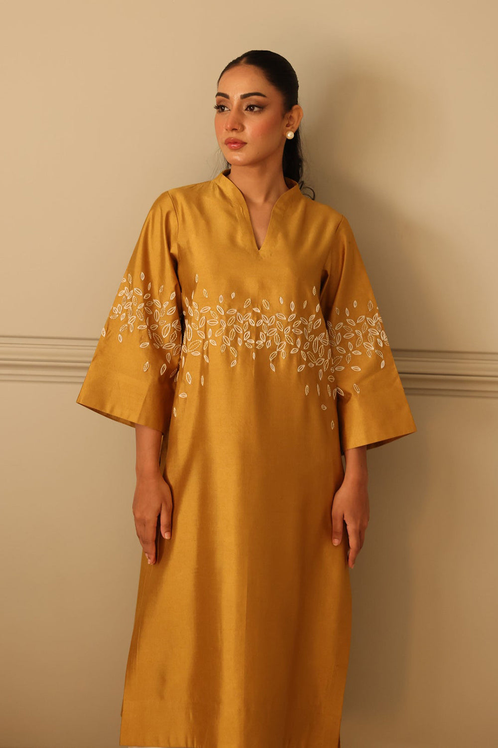 Khushboo & Pankaj Mustard Silk Kurta Set with Embroidered Detail & Organza Dupatta