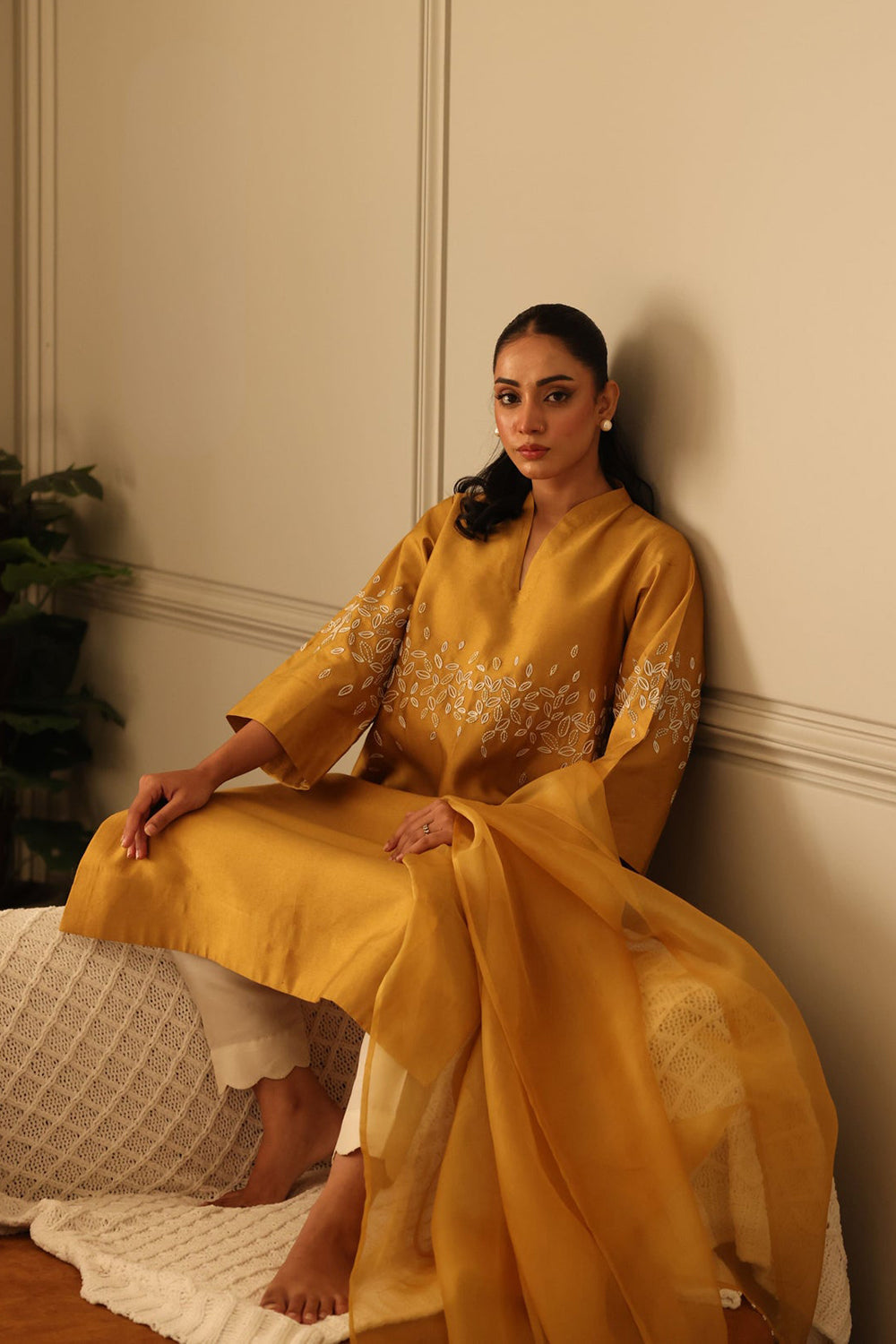 Khushboo & Pankaj Mustard Silk Kurta Set with Embroidered Detail & Organza Dupatta