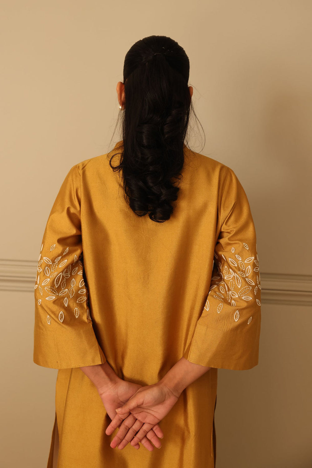Khushboo & Pankaj Mustard Silk Kurta Set with Embroidered Detail & Organza Dupatta
