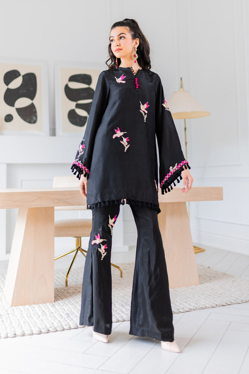 Khushboo & Pankaj Noir Hummingbird Embroidered Kurta Set