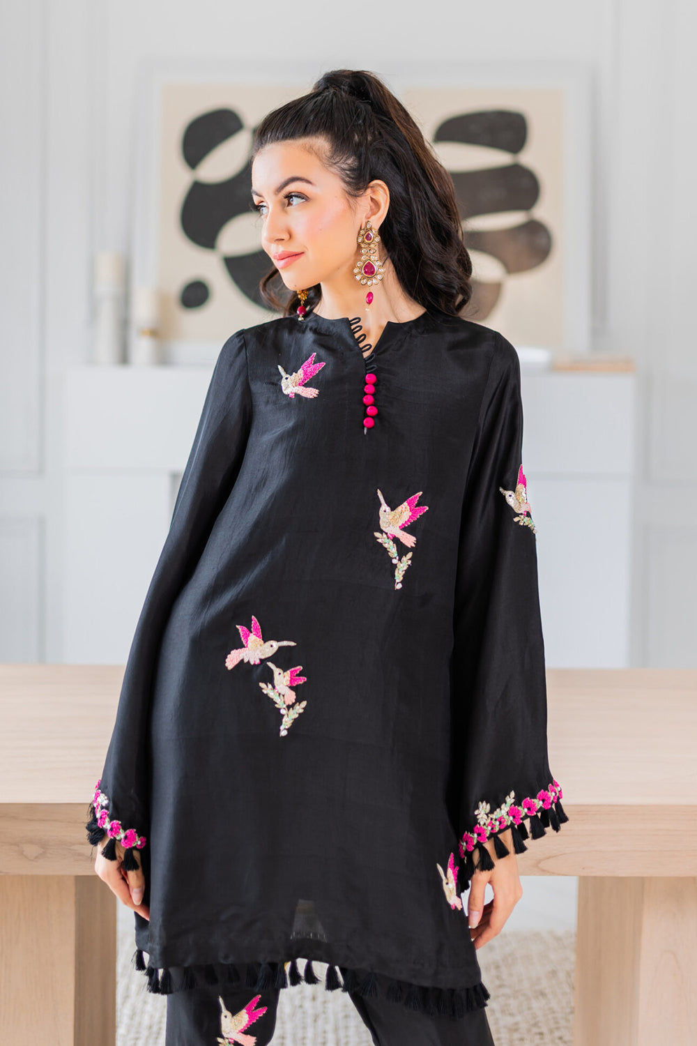 Khushboo & Pankaj Noir Hummingbird Embroidered Kurta Set