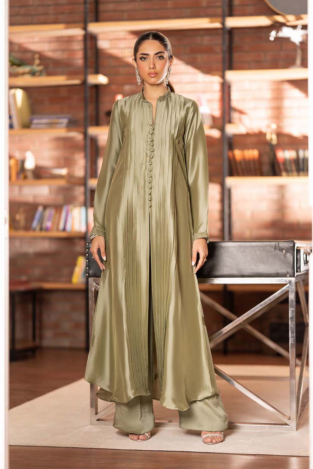 Khushboo & Pankaj Olive Sheen Pintuck Kurta Set with Dupatta