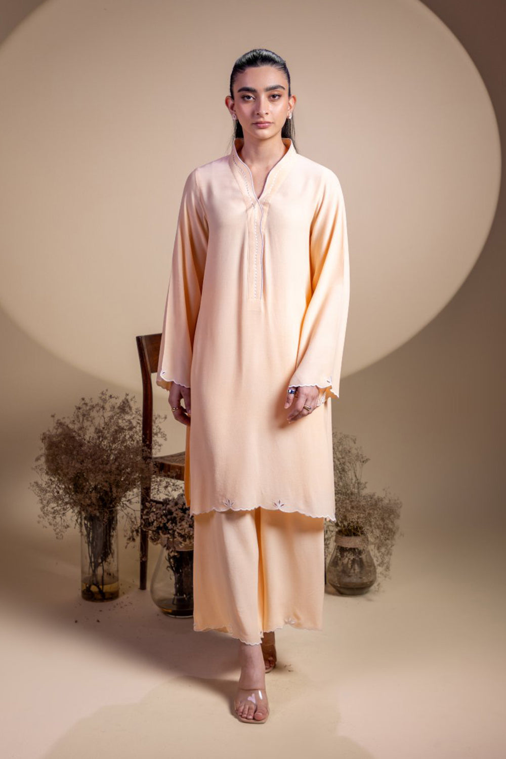 Khushboo & Pankaj Peach Scallop Detail Kurta Set