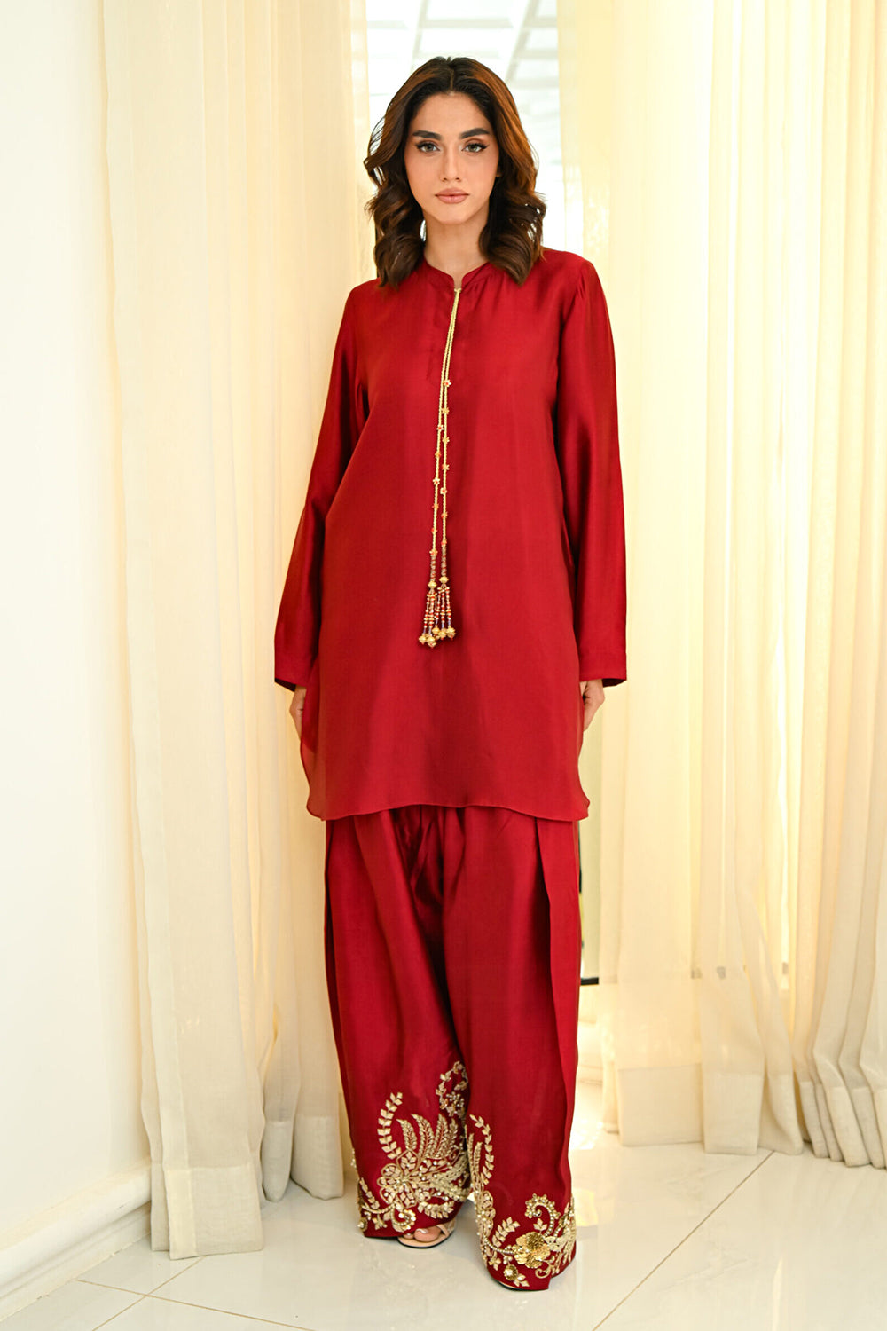 Khushboo & Pankaj Red Silk Embroidered Farshi Kurta Set