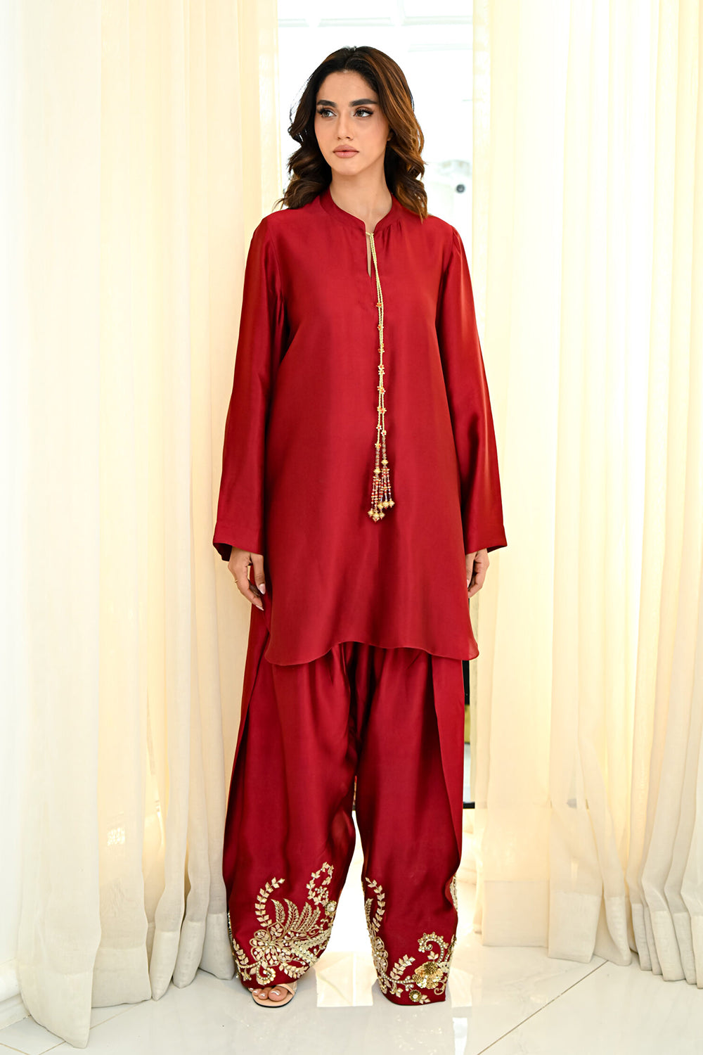 Khushboo & Pankaj Red Silk Embroidered Farshi Kurta Set