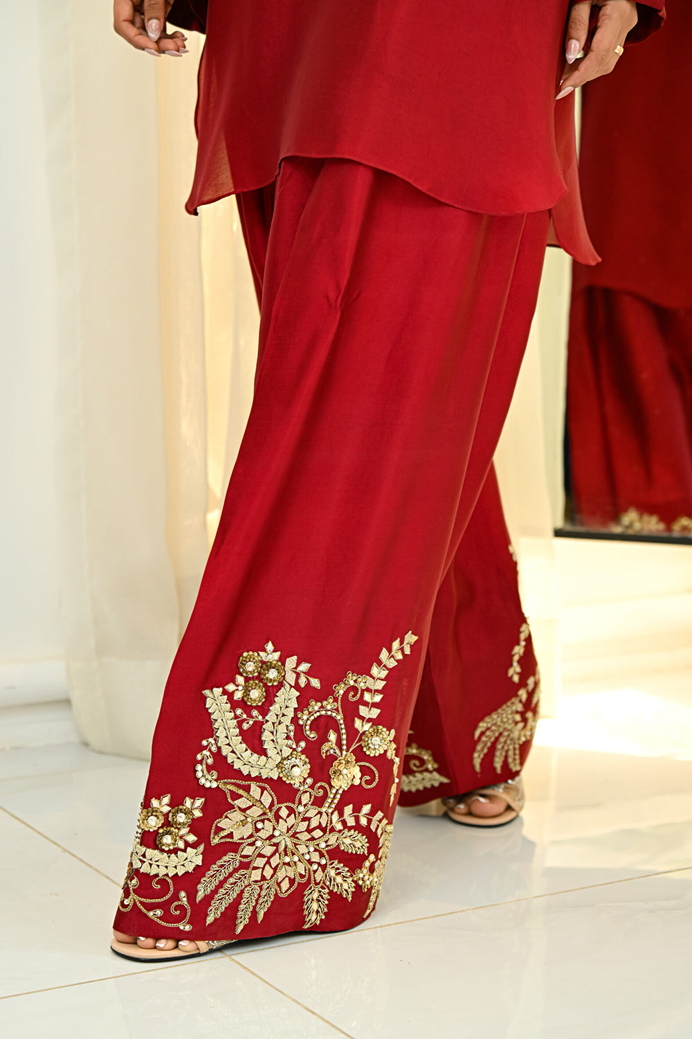 Khushboo & Pankaj Red Silk Embroidered Farshi Kurta Set