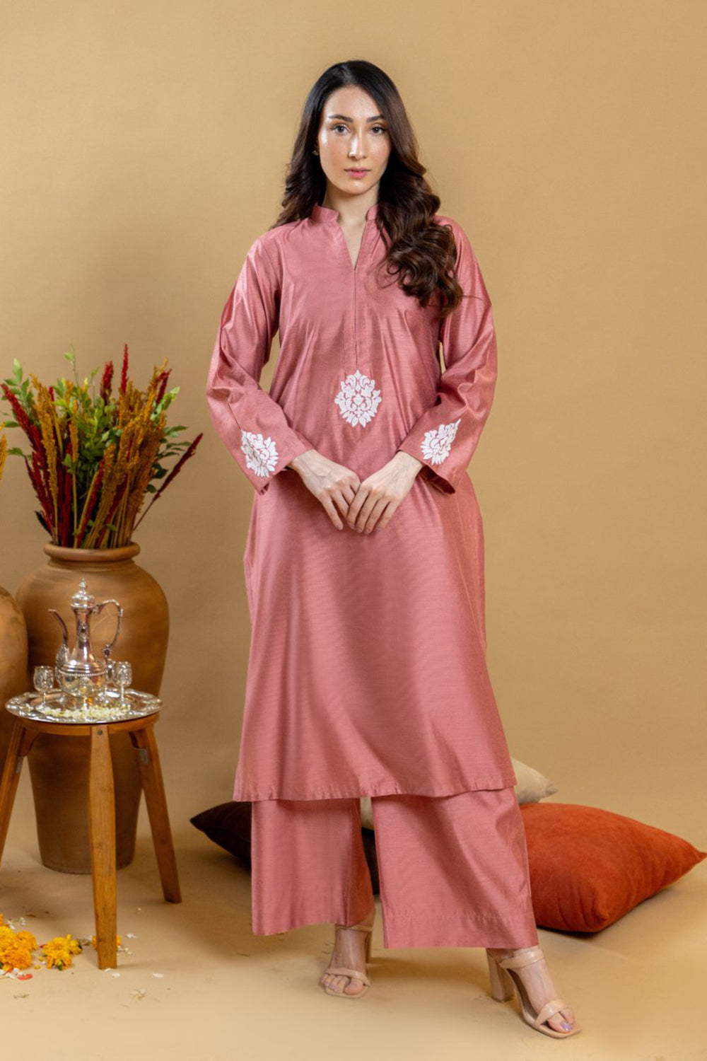 Khushboo & Pankaj Rose Sand Embroidered Kurta Palazzo Set