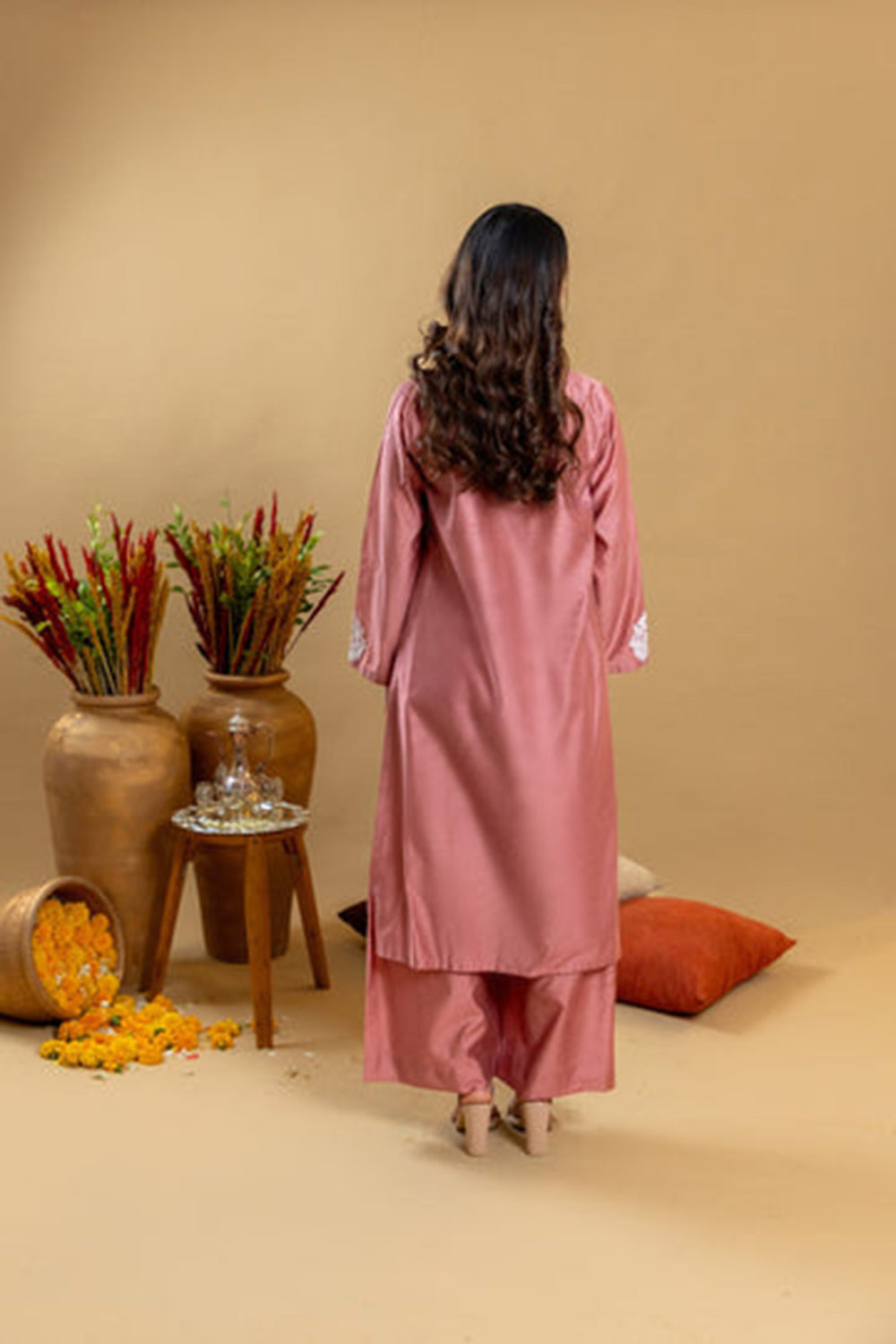 Khushboo & Pankaj Rose Sand Embroidered Kurta Palazzo Set