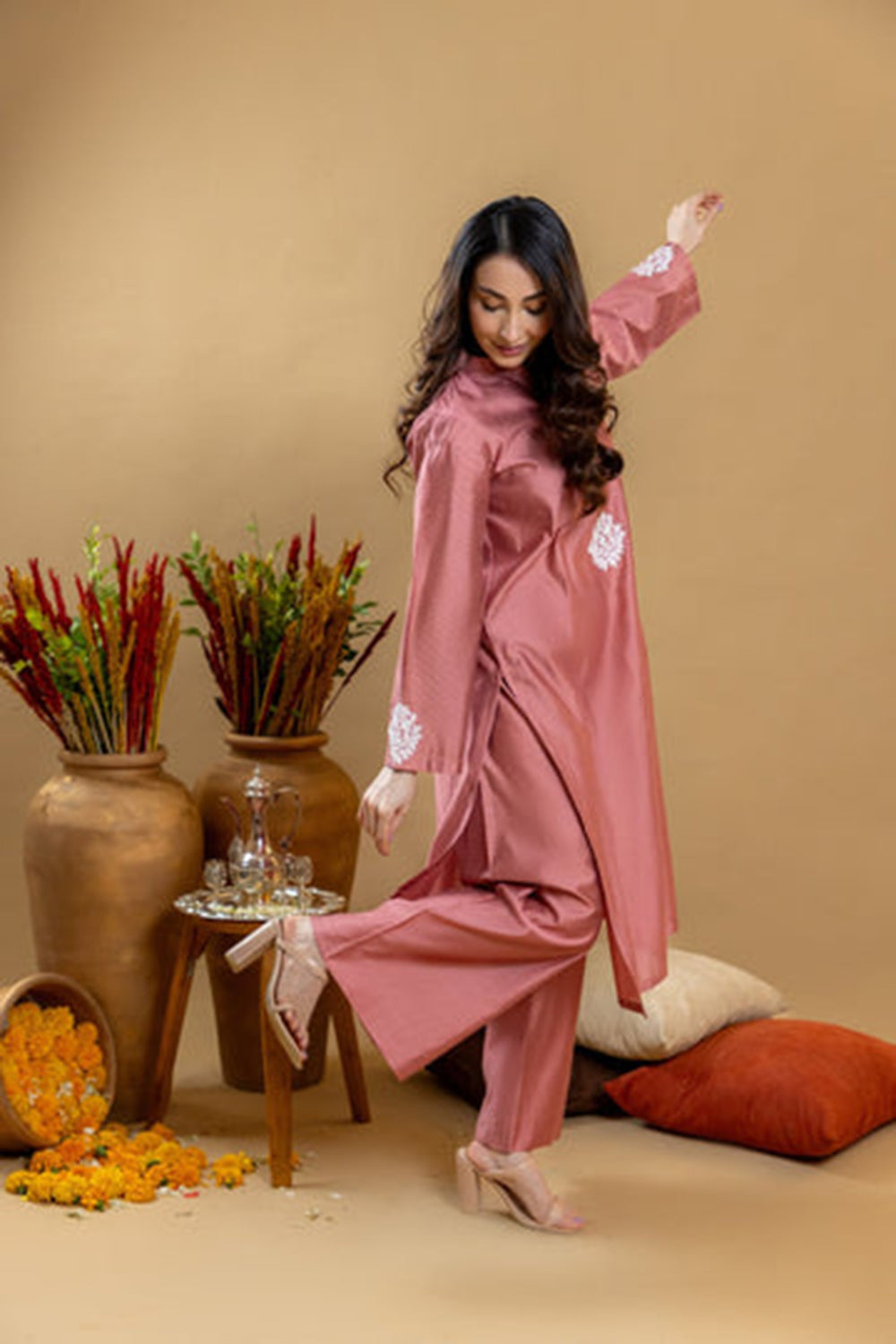 Khushboo & Pankaj Rose Sand Embroidered Kurta Palazzo Set