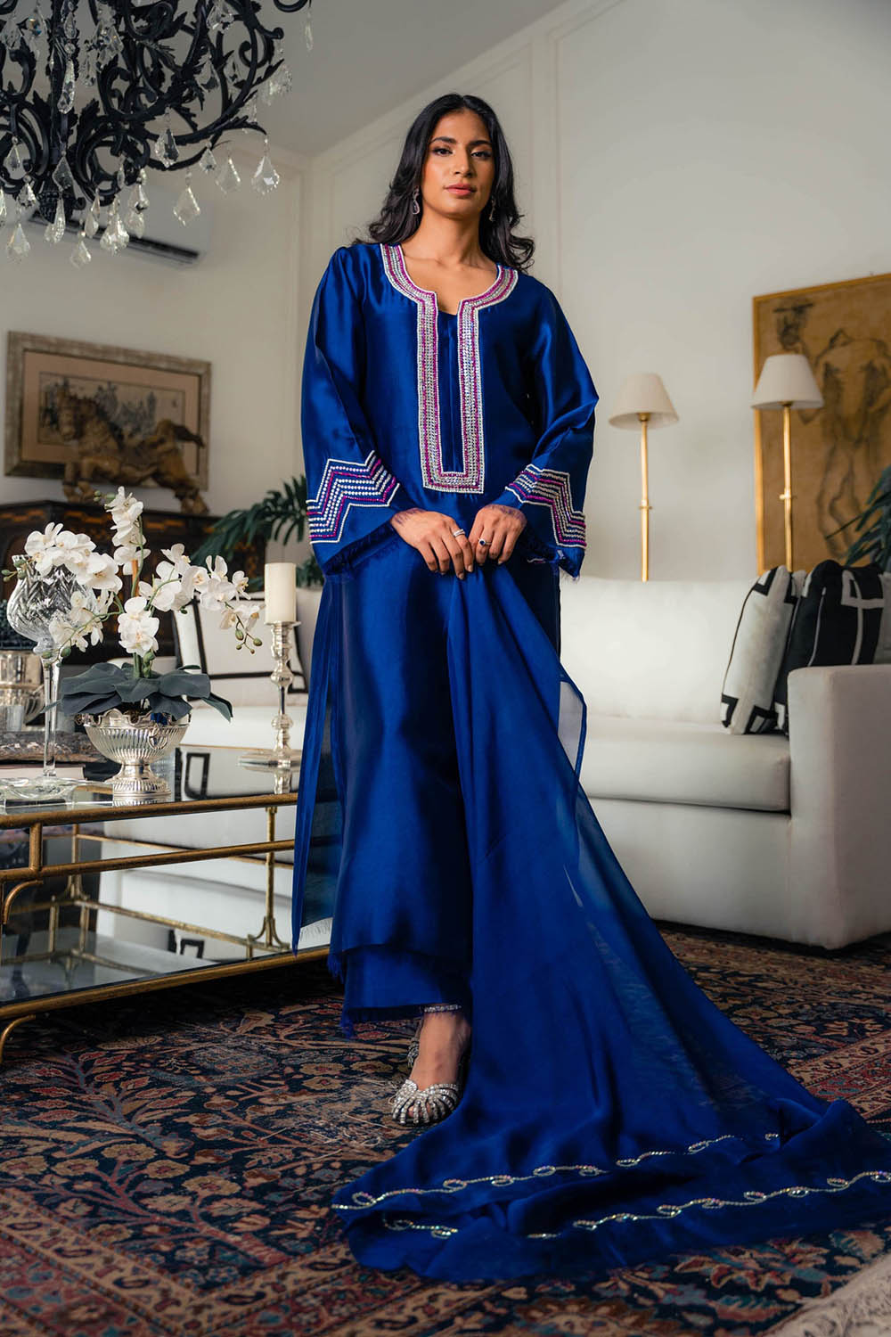 Khushboo & Pankaj Royal Blue Embellished Kurta Set with Sheer Dupatta