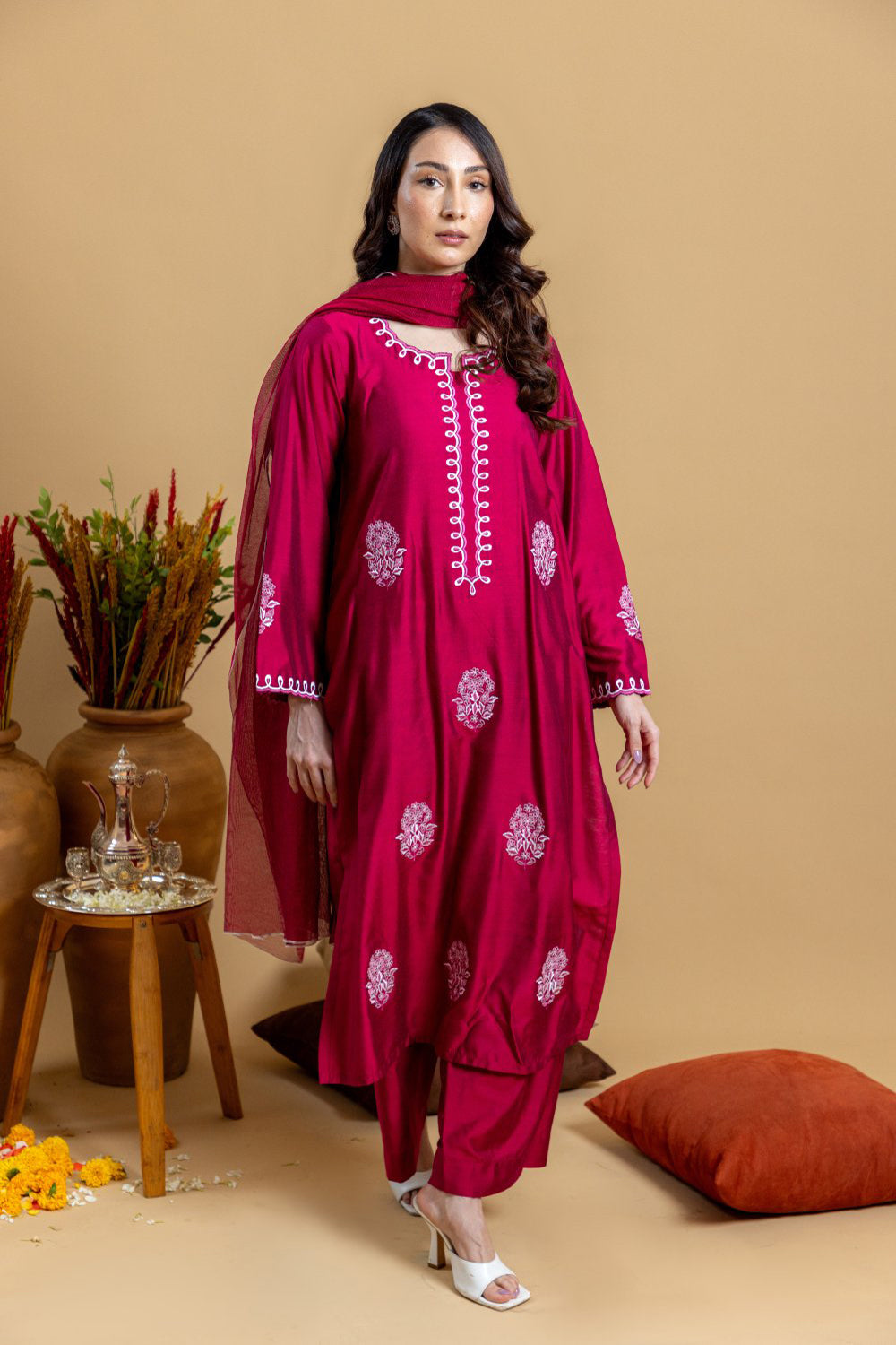 Khushboo & Pankaj Ruby Red Embroidered Kurta Set with Dupatta