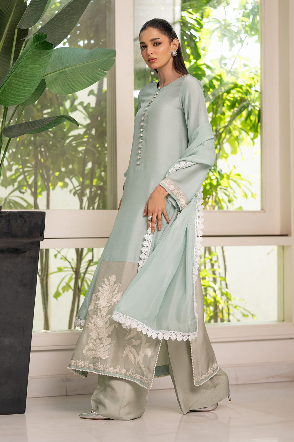 Khushboo & Pankaj Sage Green Embroidered Suit Set with Dupatta