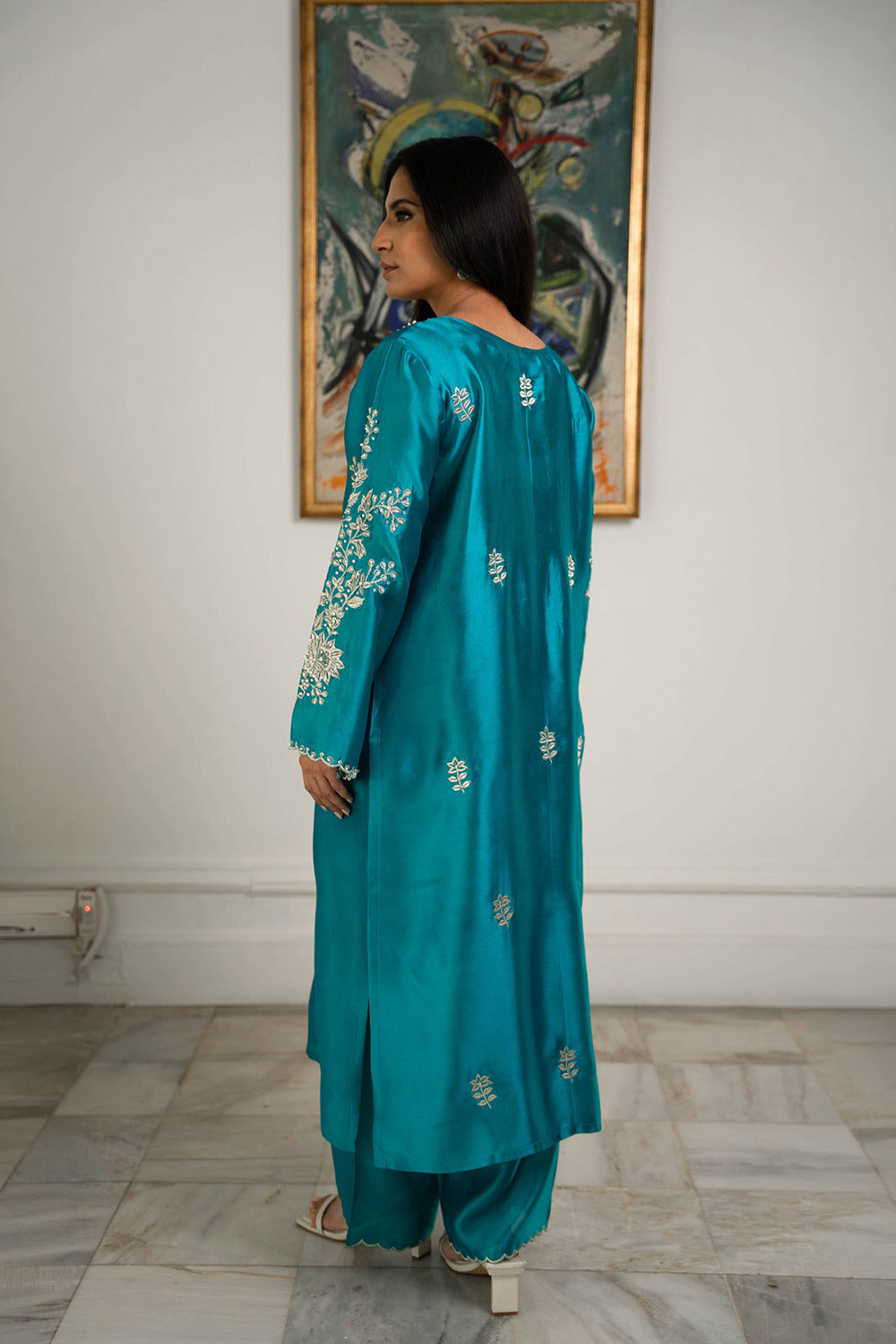 Khushboo & Pankaj Teal Blue Kurta Set with Intricate Silver Work