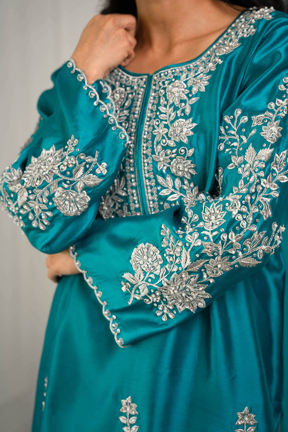 Khushboo & Pankaj Teal Blue Kurta Set with Intricate Silver Work