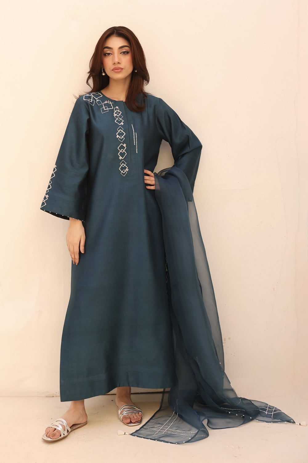 Khushboo & Pankaj Teal Embroidered Kurta Set with Sheer Dupatta