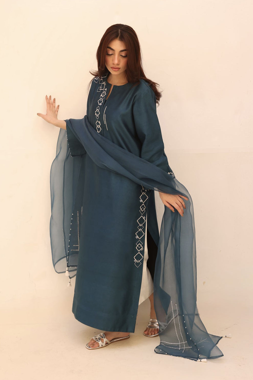 Khushboo & Pankaj Teal Embroidered Kurta Set with Sheer Dupatta