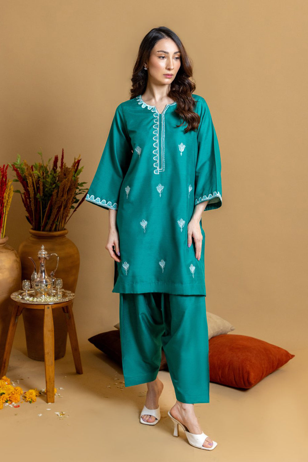 Khushboo & Pankaj Teal Scallop Embroidered Kurta Set