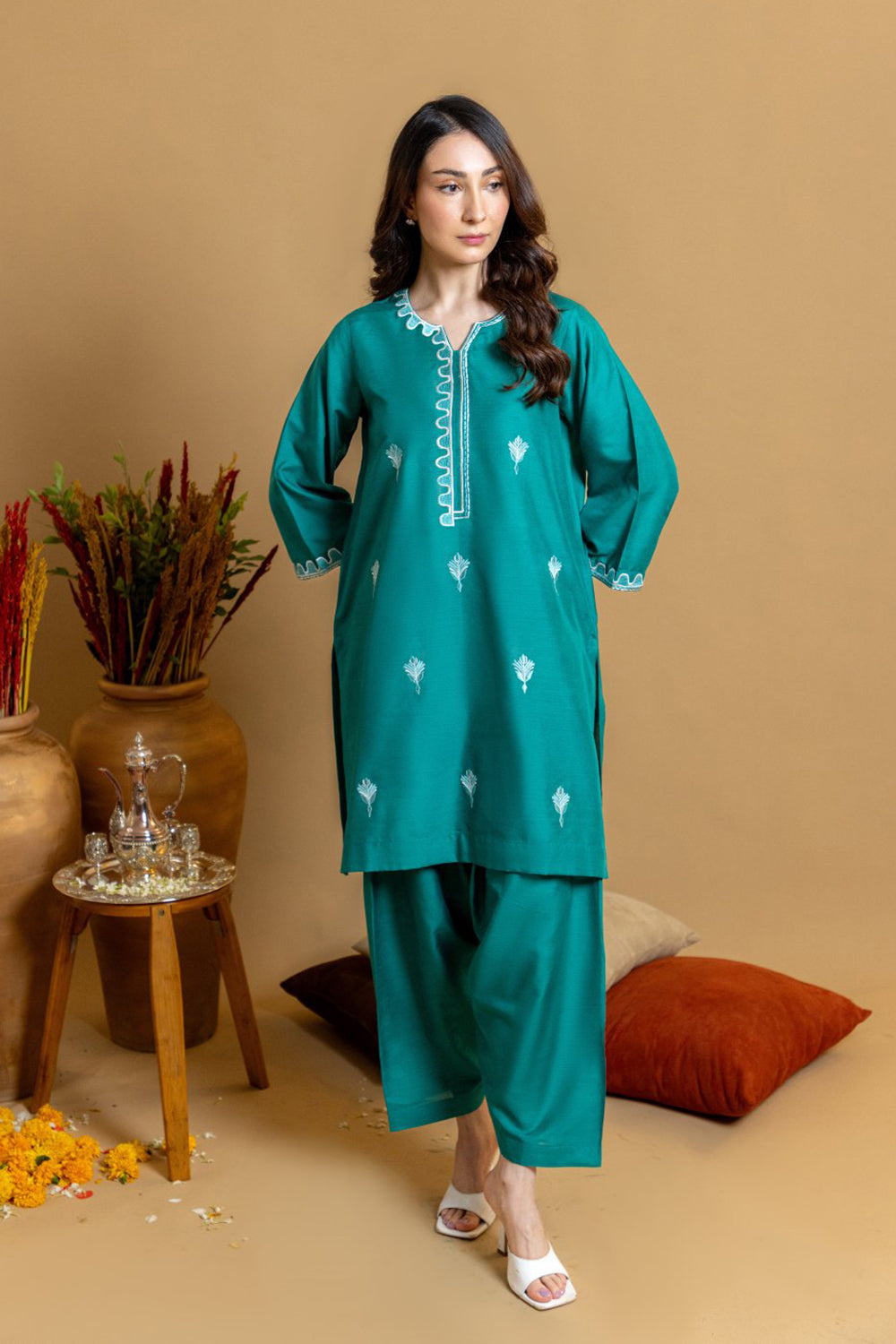 Khushboo & Pankaj Teal Scallop Embroidered Kurta Set