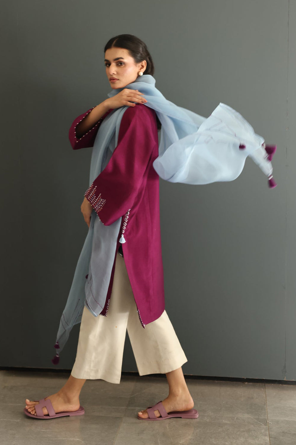 Khushboo & Pankaj Wine Berry Kurta Set with Organza Dupatta