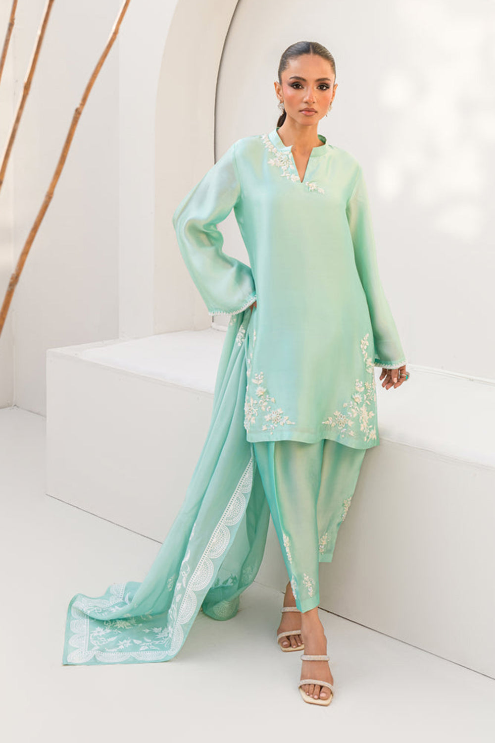 Khushboo & Pankaj Women Aqua Blue Embroidered Silk Suit Set with Tulip Pants