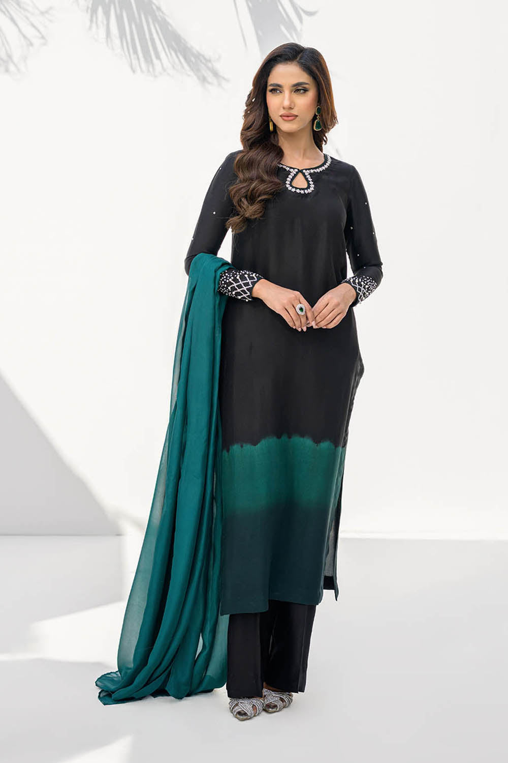 Khushboo & Pankaj Women Black Green Shaded Embroidered Suit Set