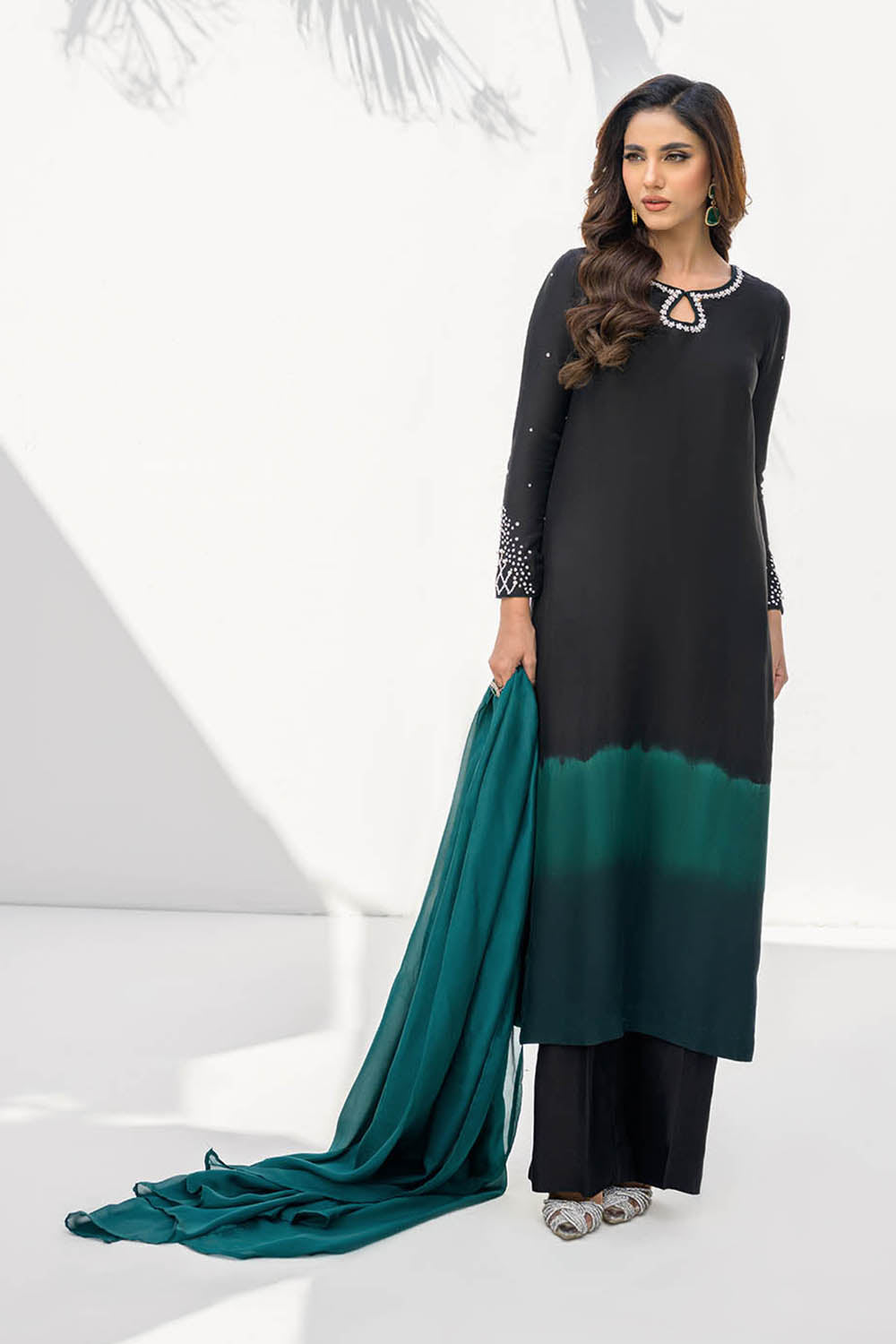 Khushboo & Pankaj Women Black Green Shaded Embroidered Suit Set
