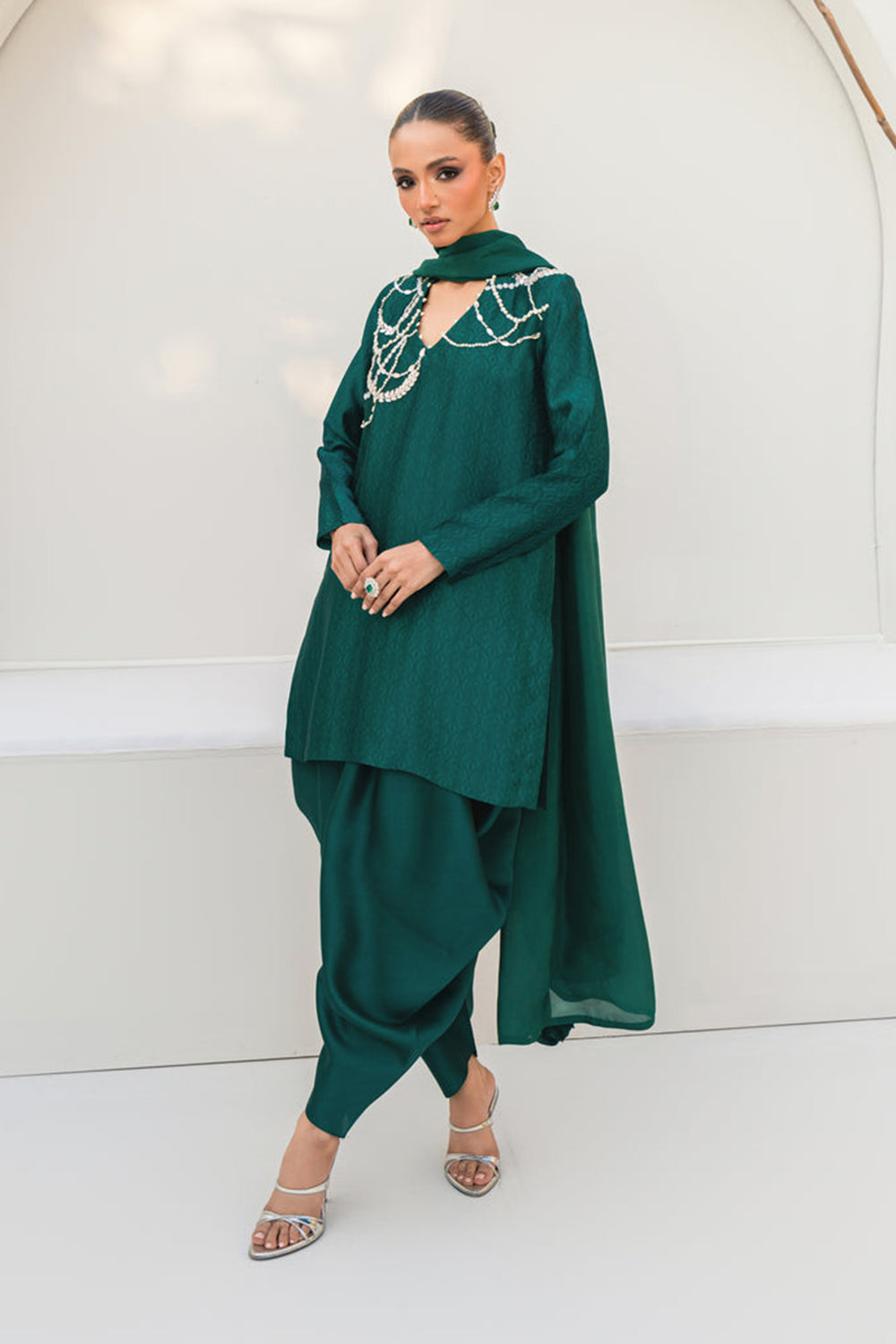 Khushboo & Pankaj Women Emerald Green Embroidered Silk Suit Set with Tulip Pants