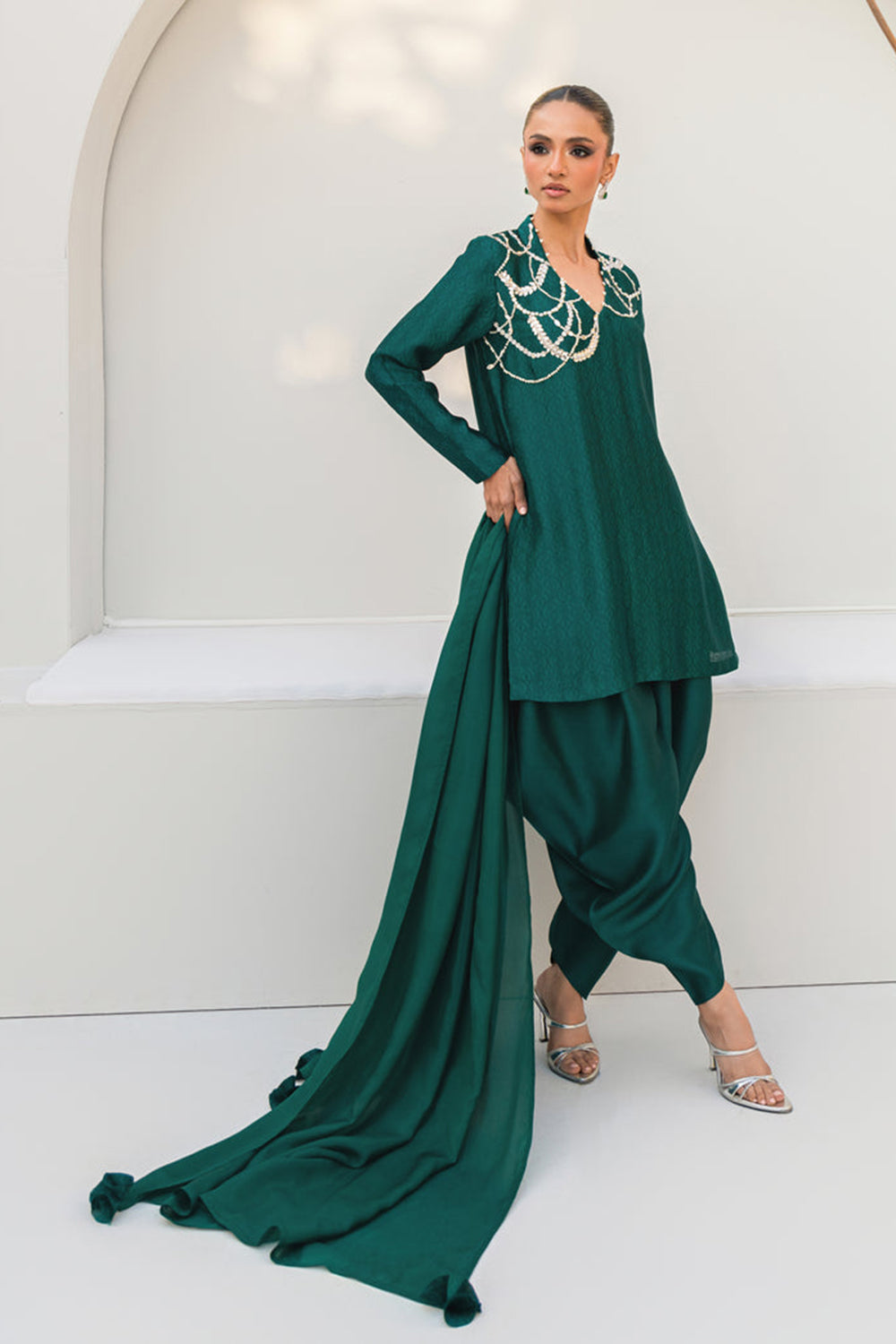 Khushboo & Pankaj Women Emerald Green Embroidered Silk Suit Set with Tulip Pants