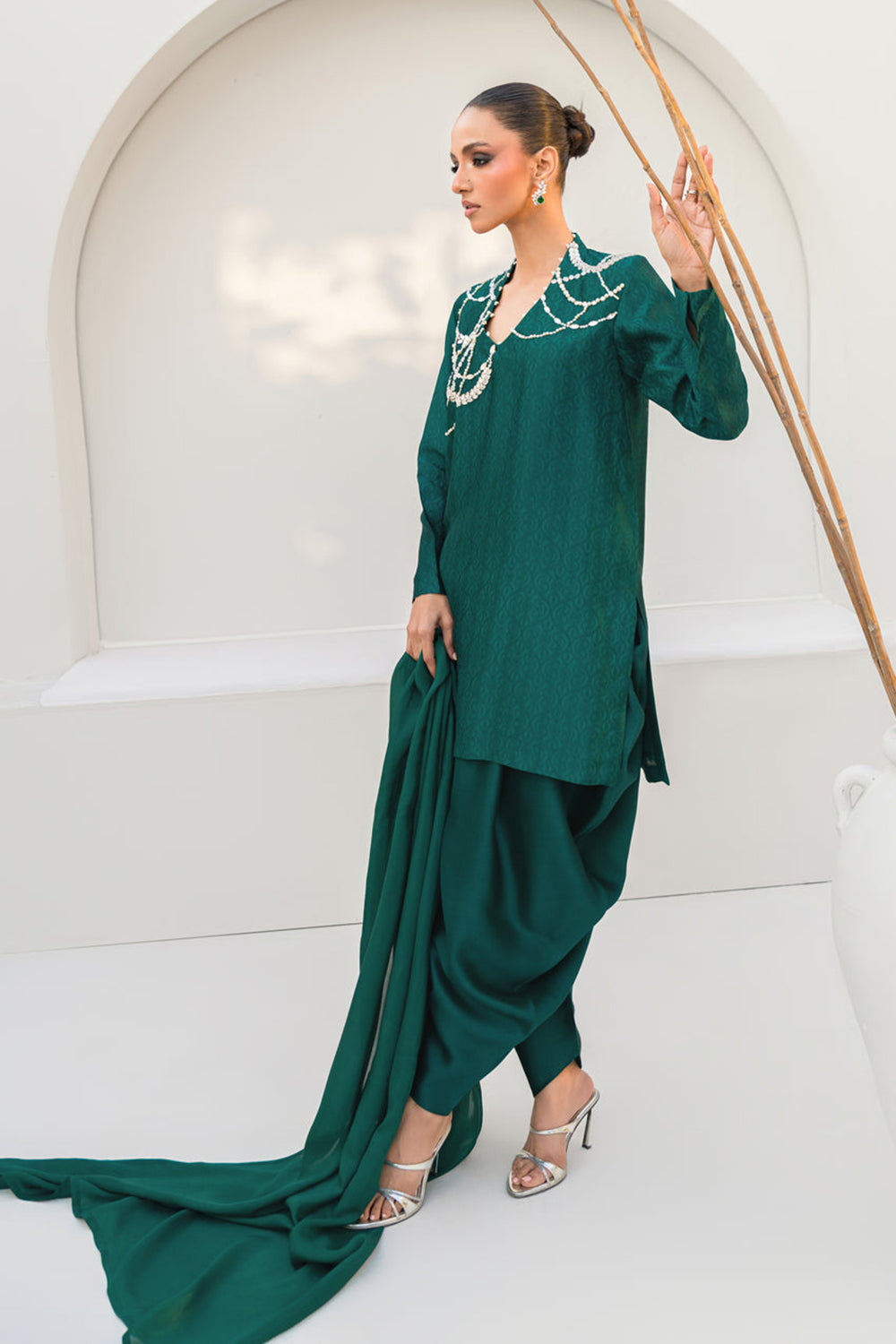 Khushboo & Pankaj Women Emerald Green Embroidered Silk Suit Set with Tulip Pants