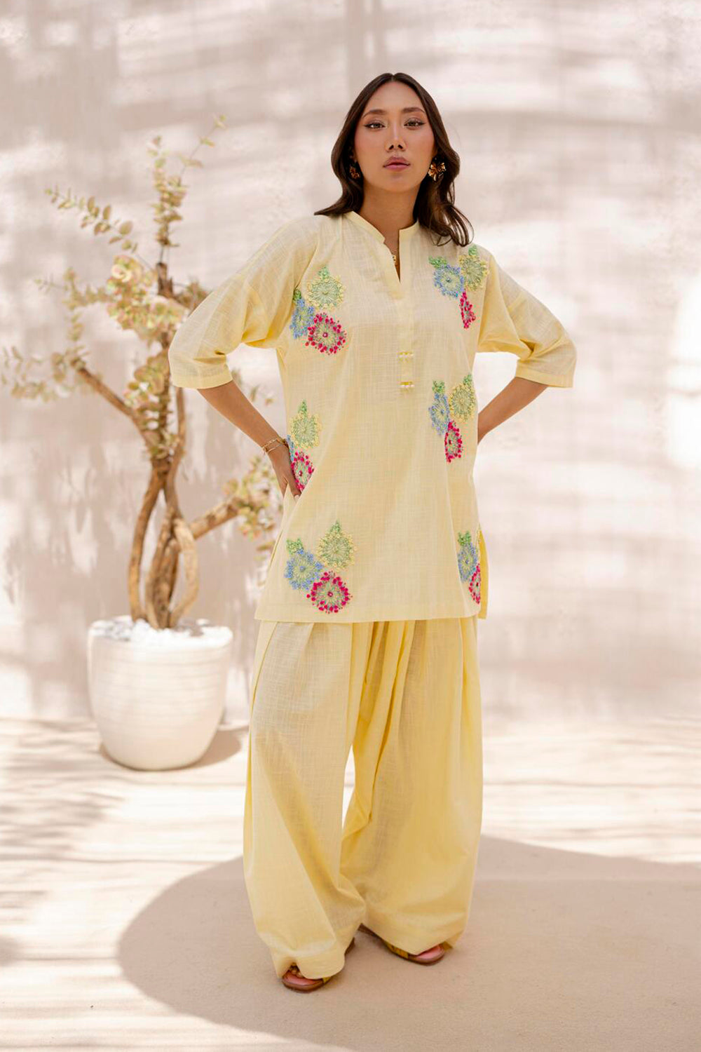 Khushboo & Pankaj Women Lemon Yellow Embroidered Kurta Set with Salwar