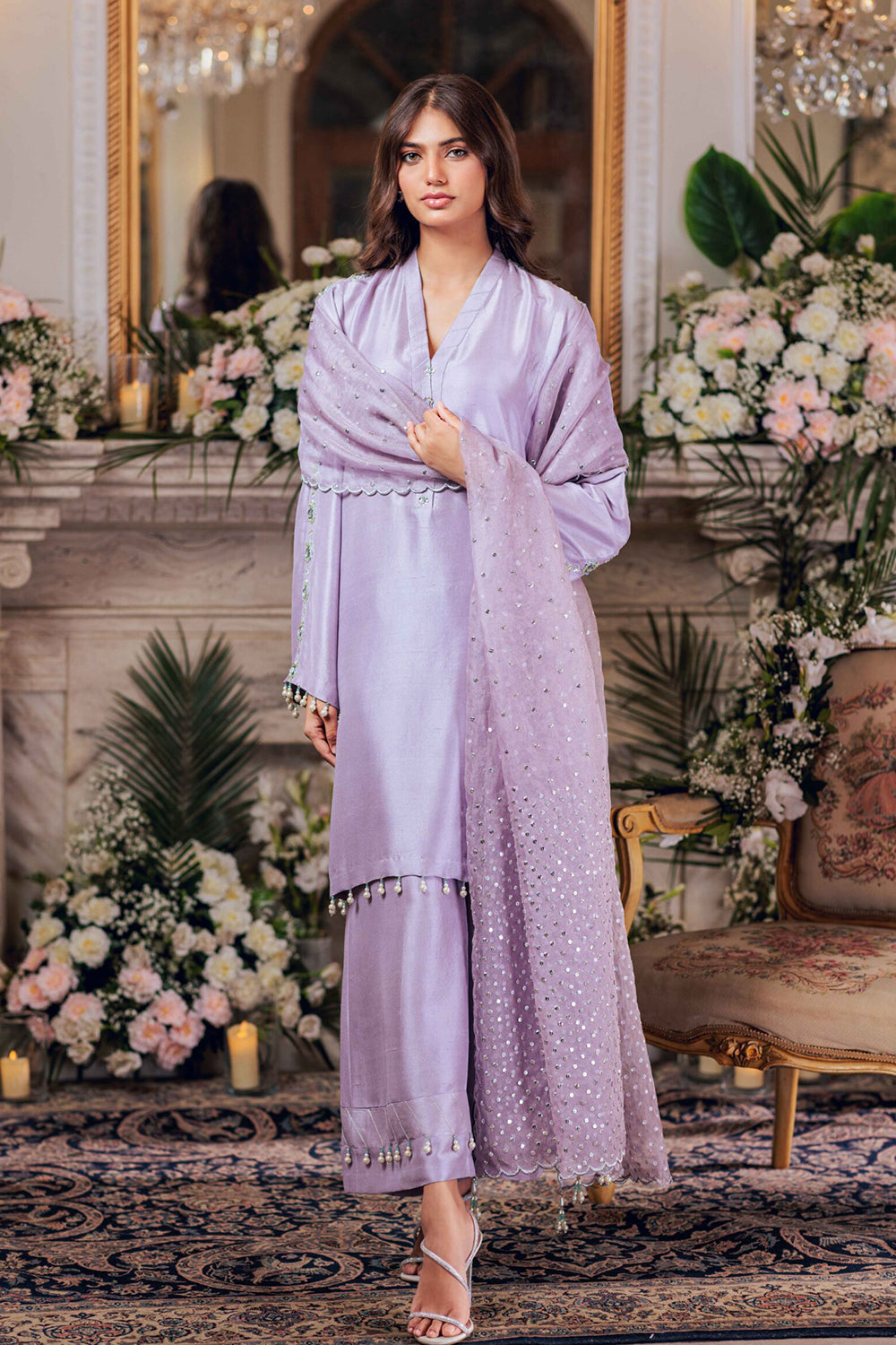 Khushboo & Pankaj Women Lilac Embroidered Silk Suit Set with Organza Dupatta