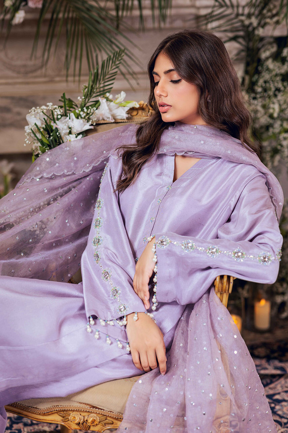 Khushboo & Pankaj Women Lilac Embroidered Silk Suit Set with Organza Dupatta