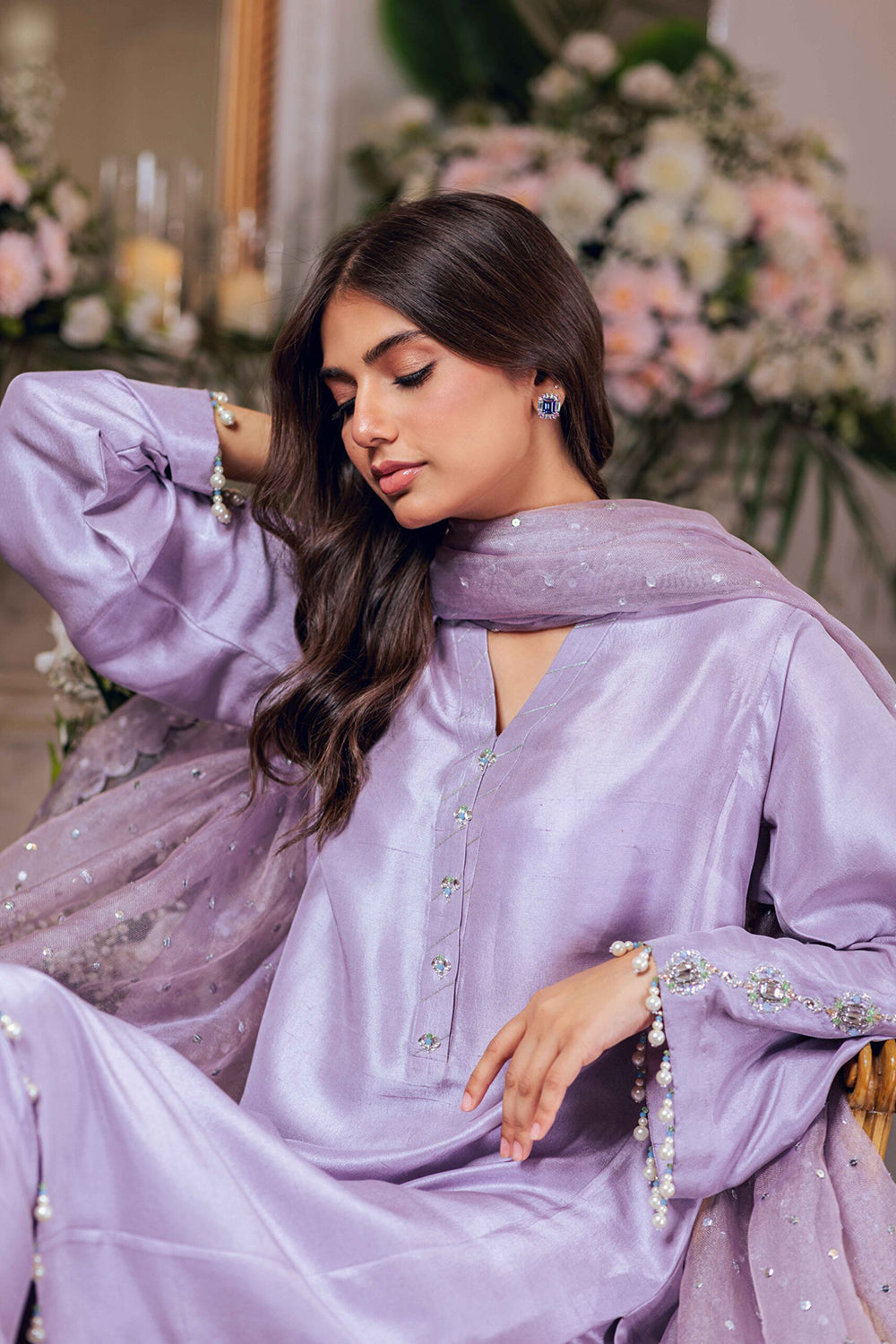 Khushboo & Pankaj Women Lilac Embroidered Silk Suit Set with Organza Dupatta