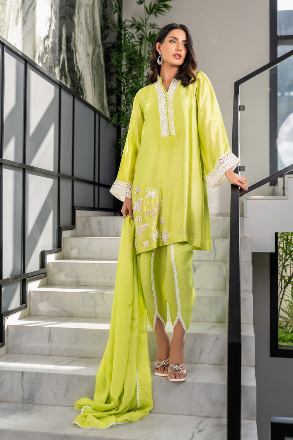 Khushboo & Pankaj Women Lime Green Embroidered Silk Suit Set