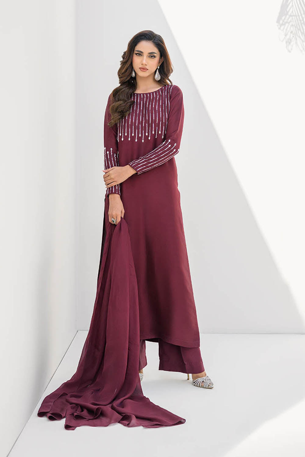 Khushboo & Pankaj Women Maroon Glace Cotton Embroidered Suit Set