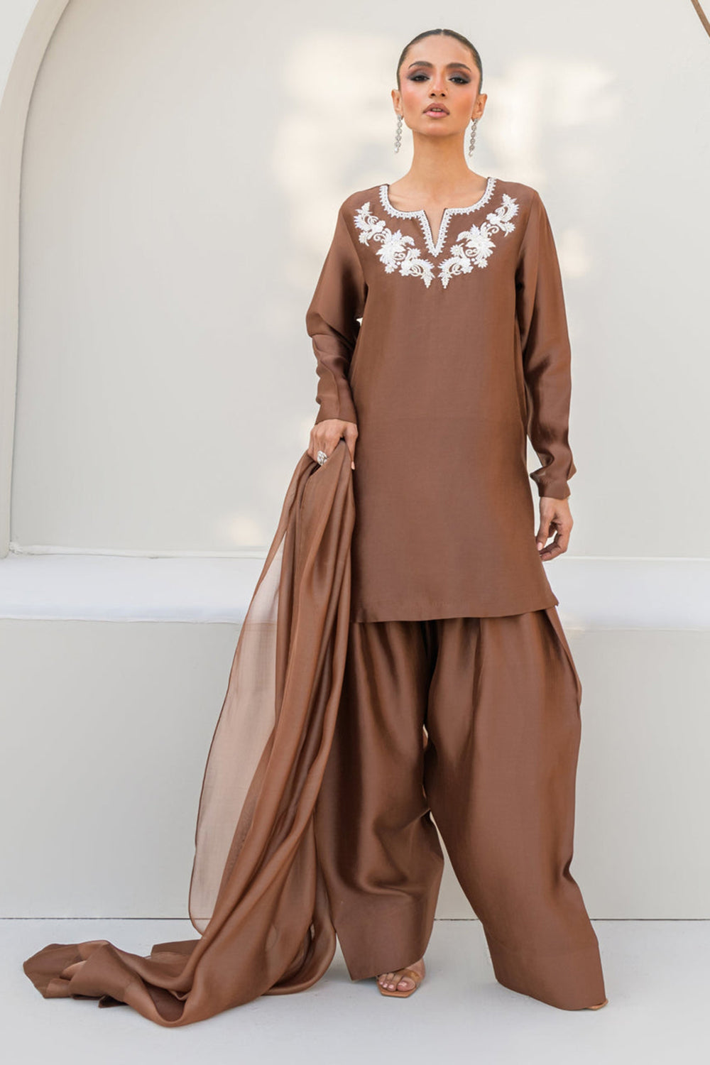 Khushboo & Pankaj Women Mocha Brown Embroidered Silk Suit Set with Farshi Salwar