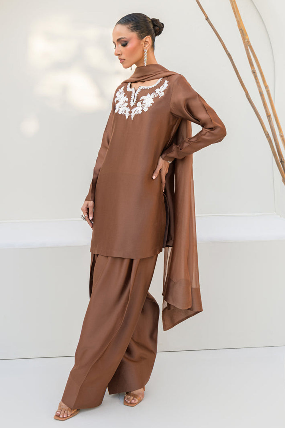 Khushboo & Pankaj Women Mocha Brown Embroidered Silk Suit Set with Farshi Salwar