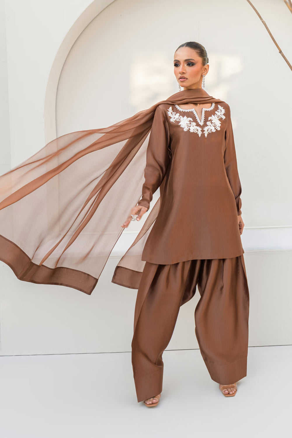 Khushboo & Pankaj Women Mocha Brown Embroidered Silk Suit Set with Farshi Salwar