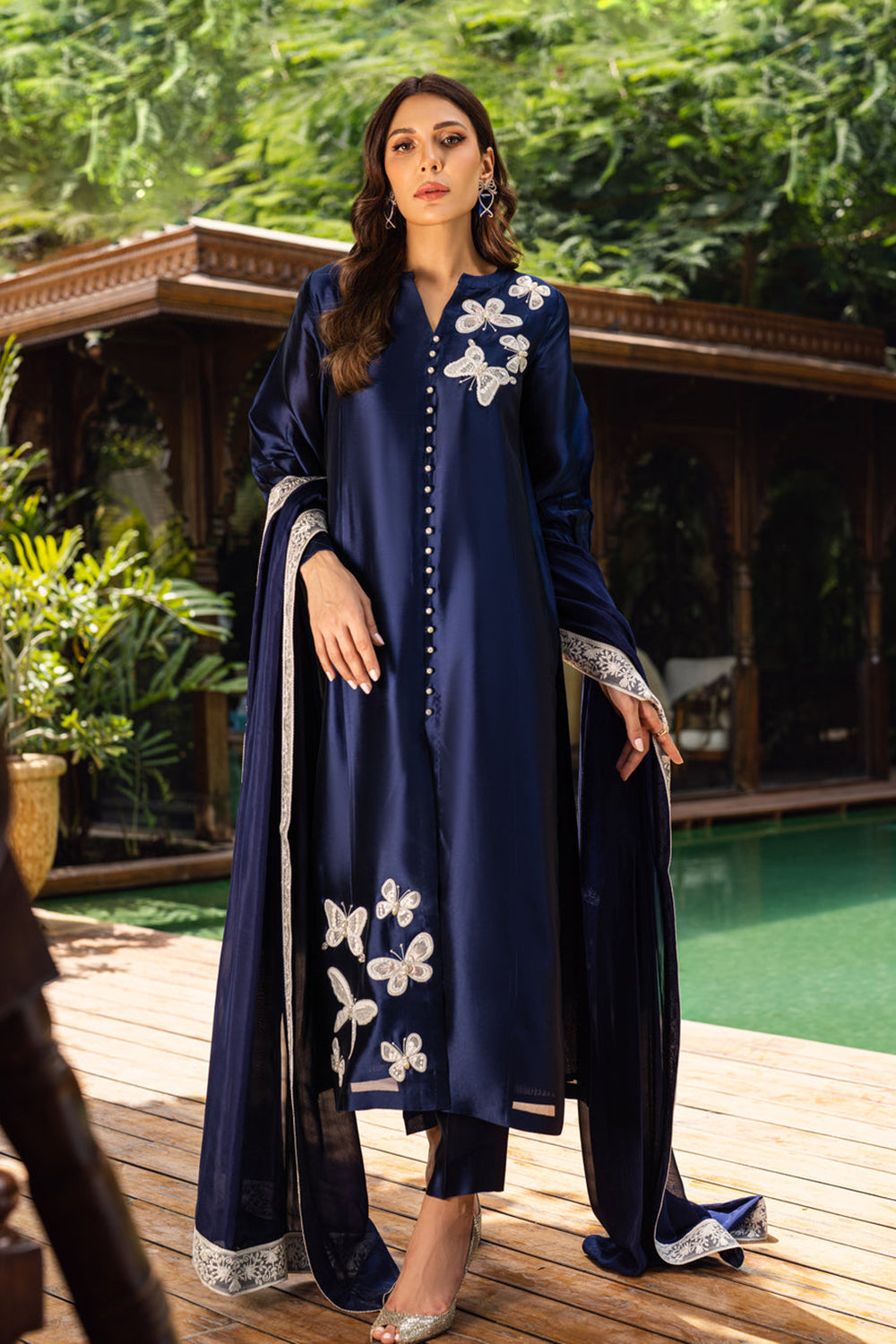 Khushboo & Pankaj Women Navy Blue Embroidered Silk Suit Set