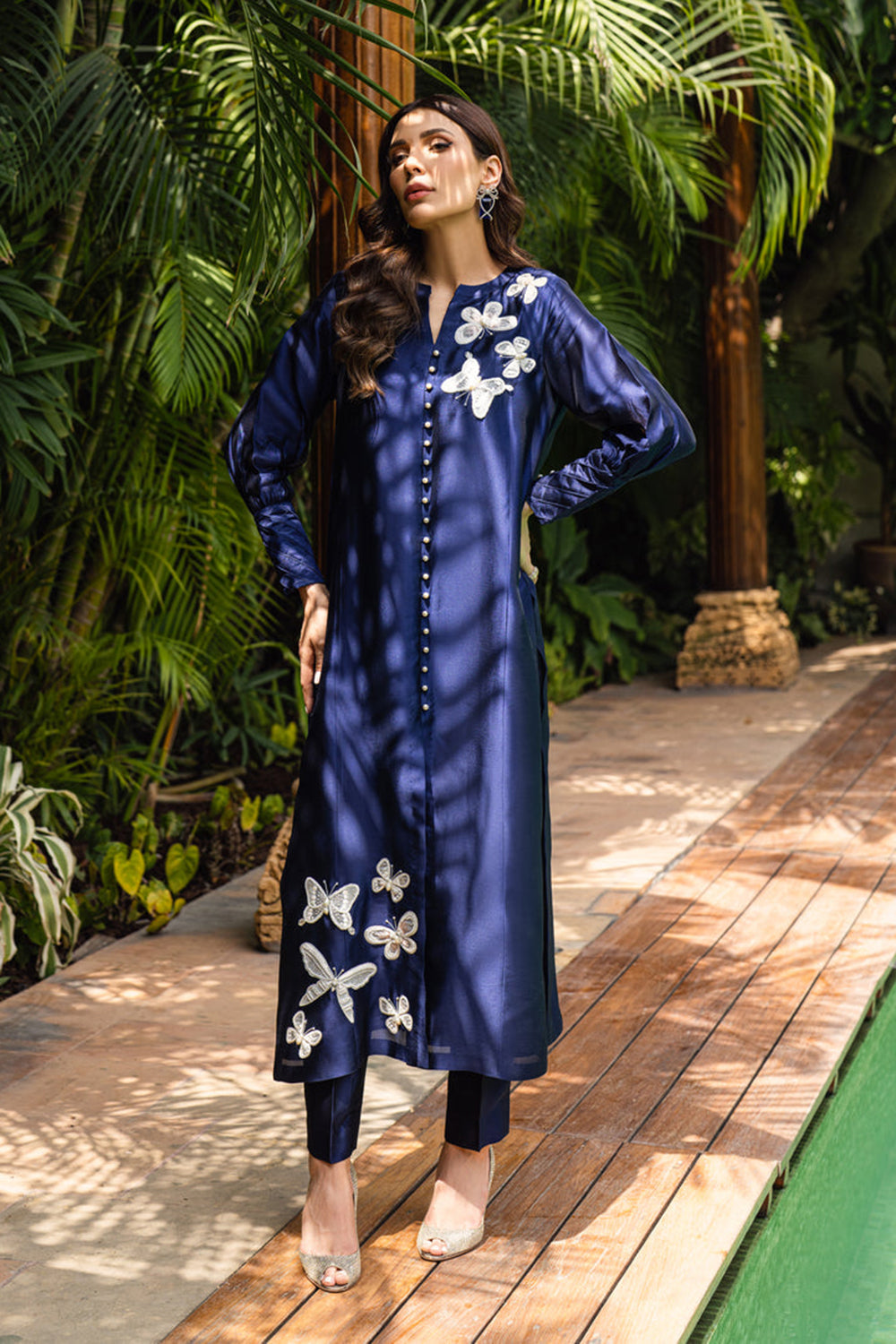 Khushboo & Pankaj Women Navy Blue Embroidered Silk Suit Set