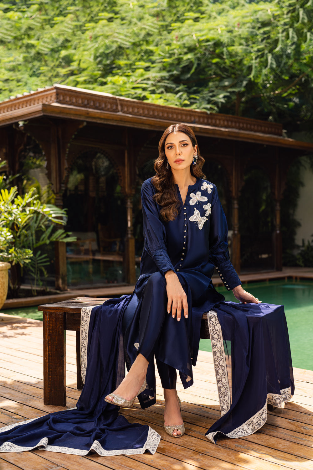 Khushboo & Pankaj Women Navy Blue Embroidered Silk Suit Set