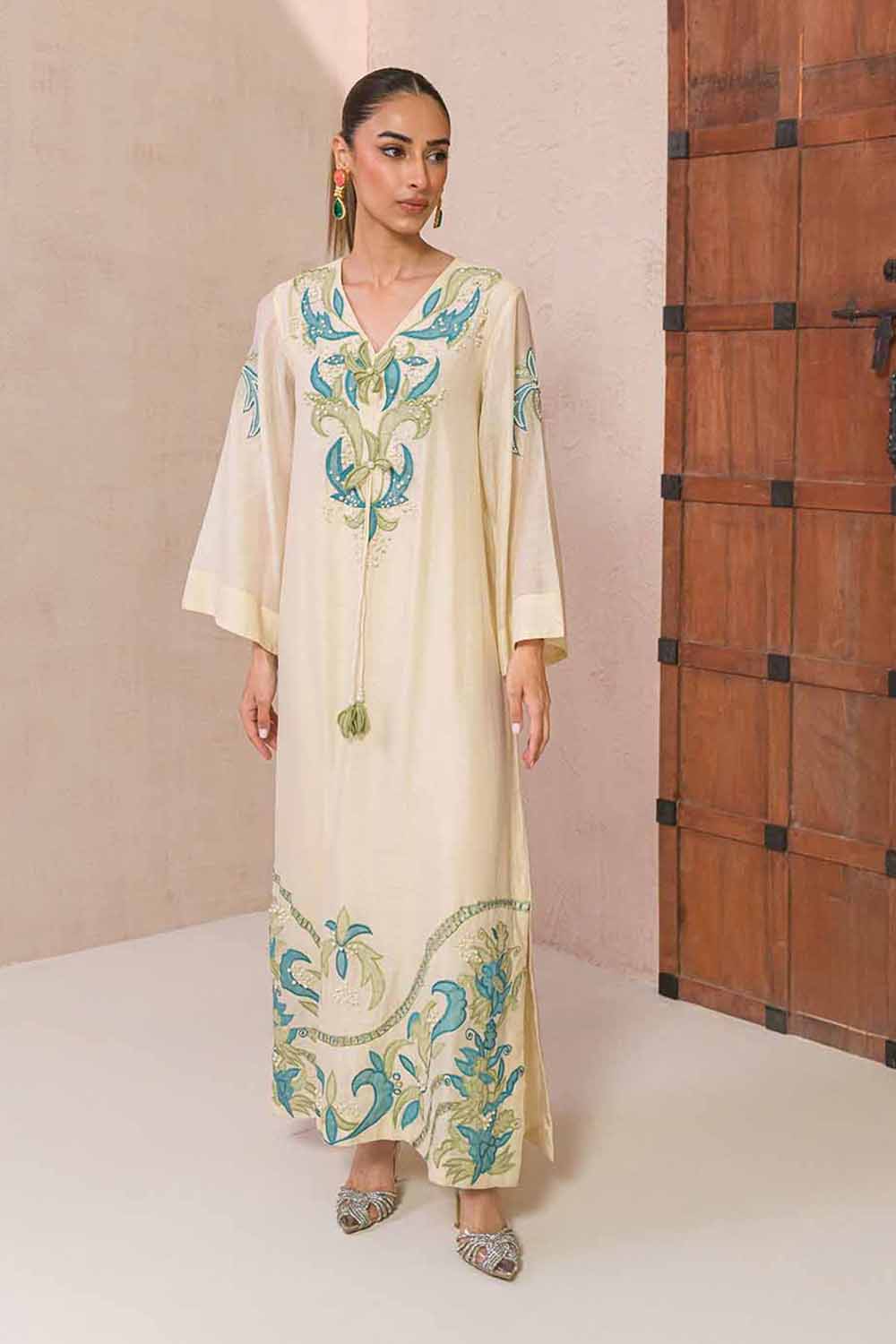 Khushboo & Pankaj Women Offwhite Embroidered Kaftaan Kurta