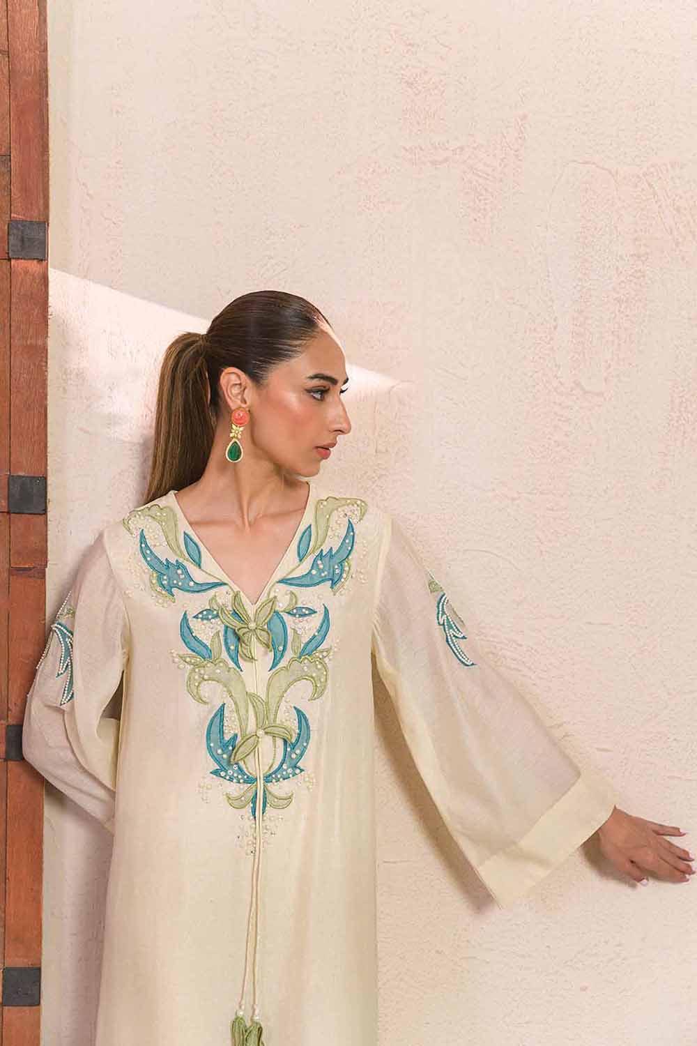 Khushboo & Pankaj Women Offwhite Embroidered Kaftaan Kurta