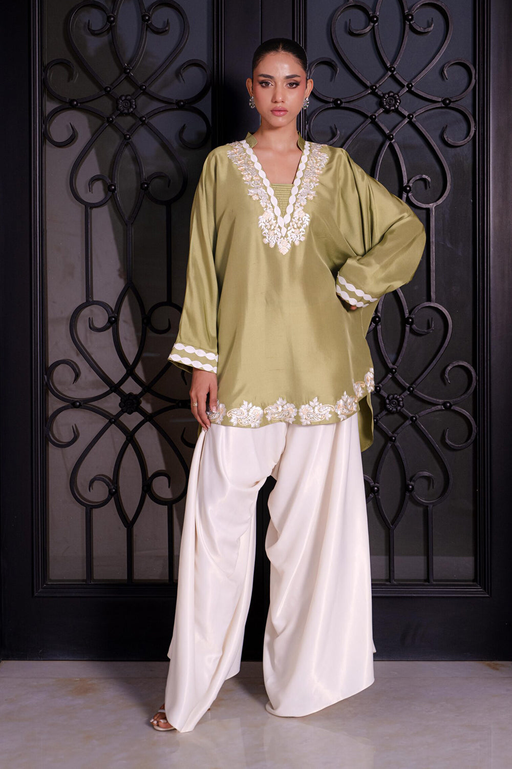 Khushboo & Pankaj Women Olive Green Embroidered Kurta Set with Farshi Salwar