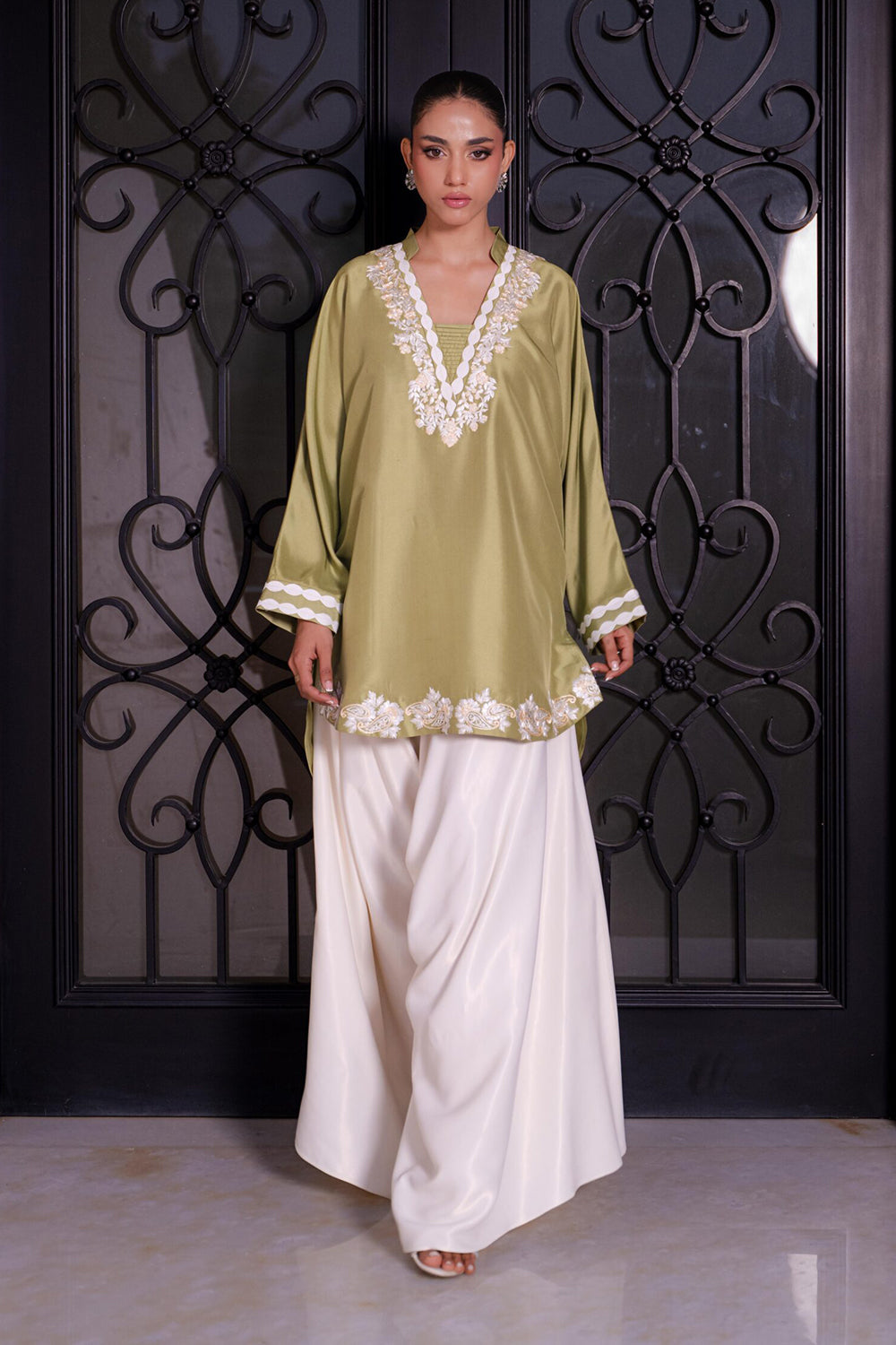 Khushboo & Pankaj Women Olive Green Embroidered Kurta Set with Farshi Salwar