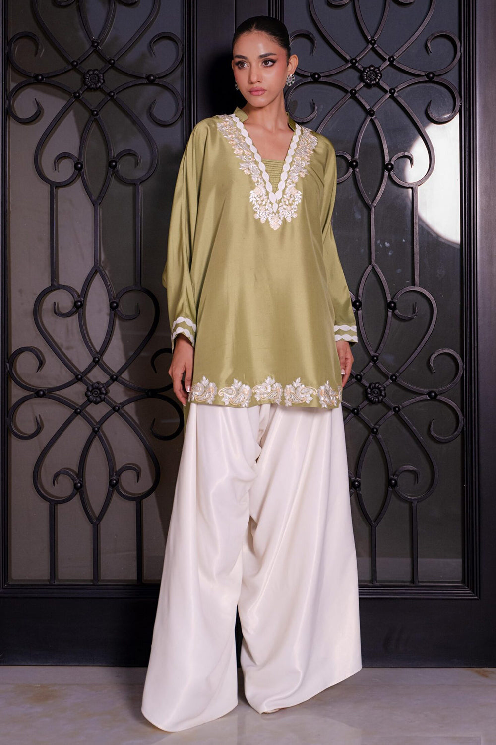 Khushboo & Pankaj Women Olive Green Embroidered Kurta Set with Farshi Salwar