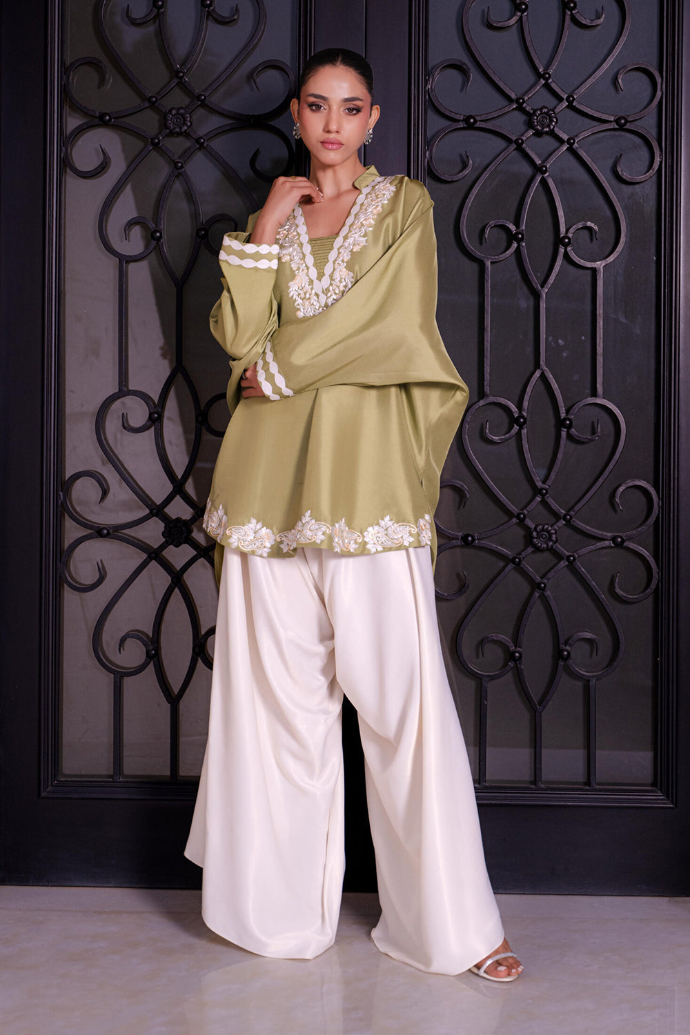 Khushboo & Pankaj Women Olive Green Embroidered Kurta Set with Farshi Salwar