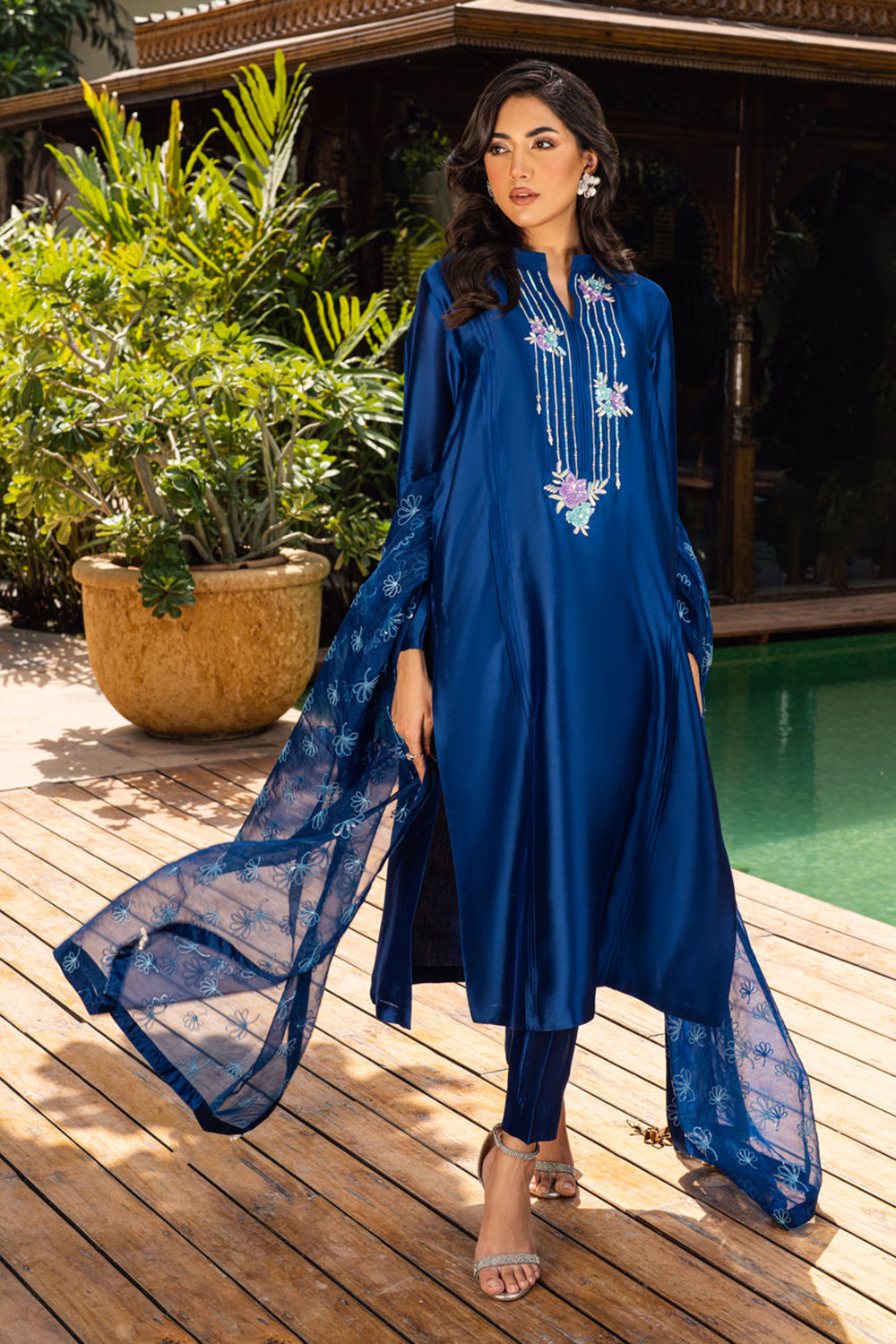 Khushboo & Pankaj Women Royal Blue Embroidered Silk Suit Set