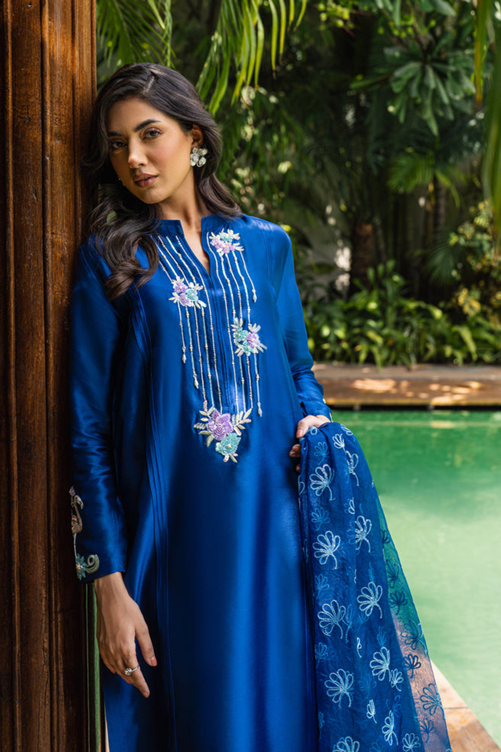 Khushboo & Pankaj Women Royal Blue Embroidered Silk Suit Set