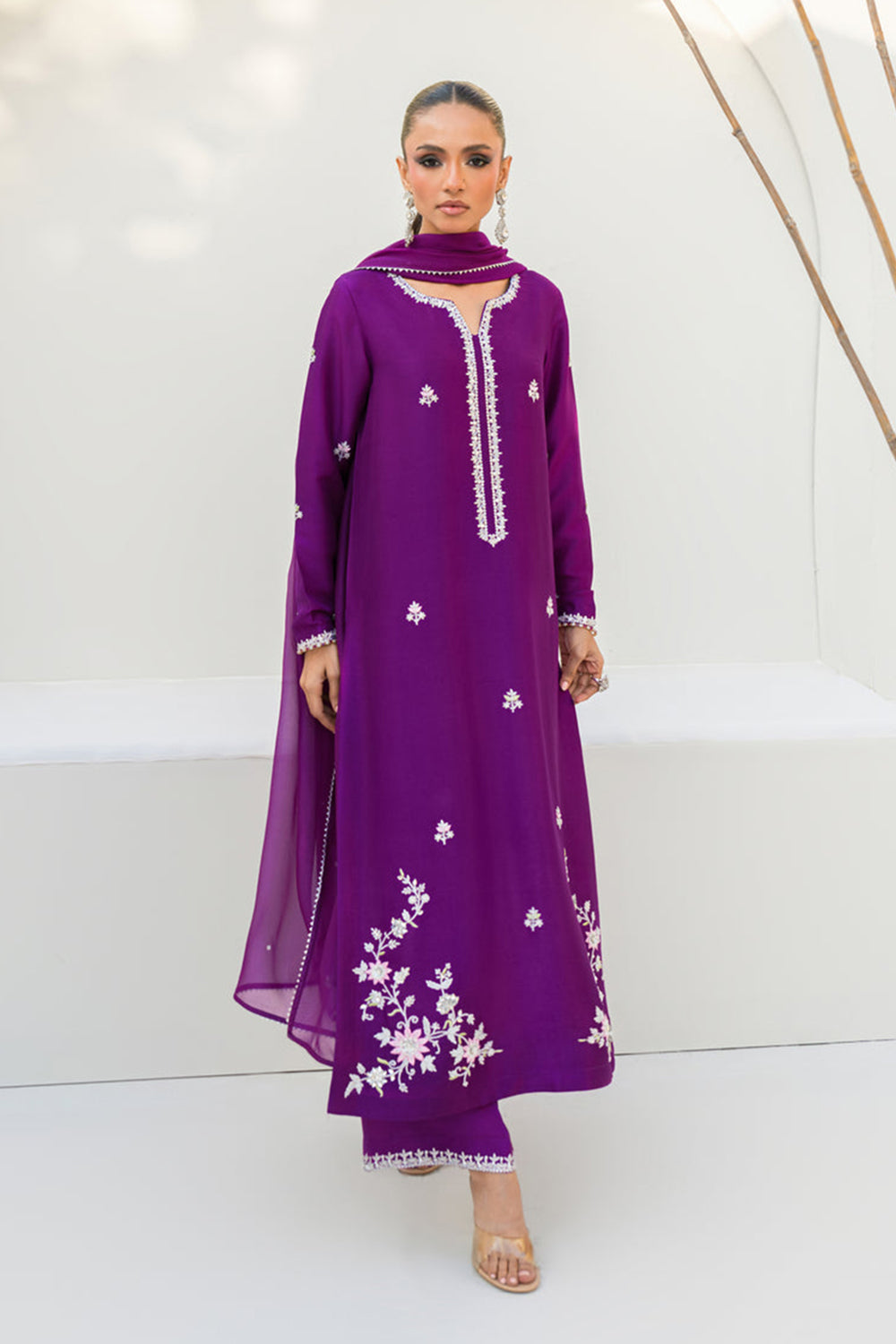 Khushboo & Pankaj Women Royal Purple Embroidered Silk Suit Set with Palazzo